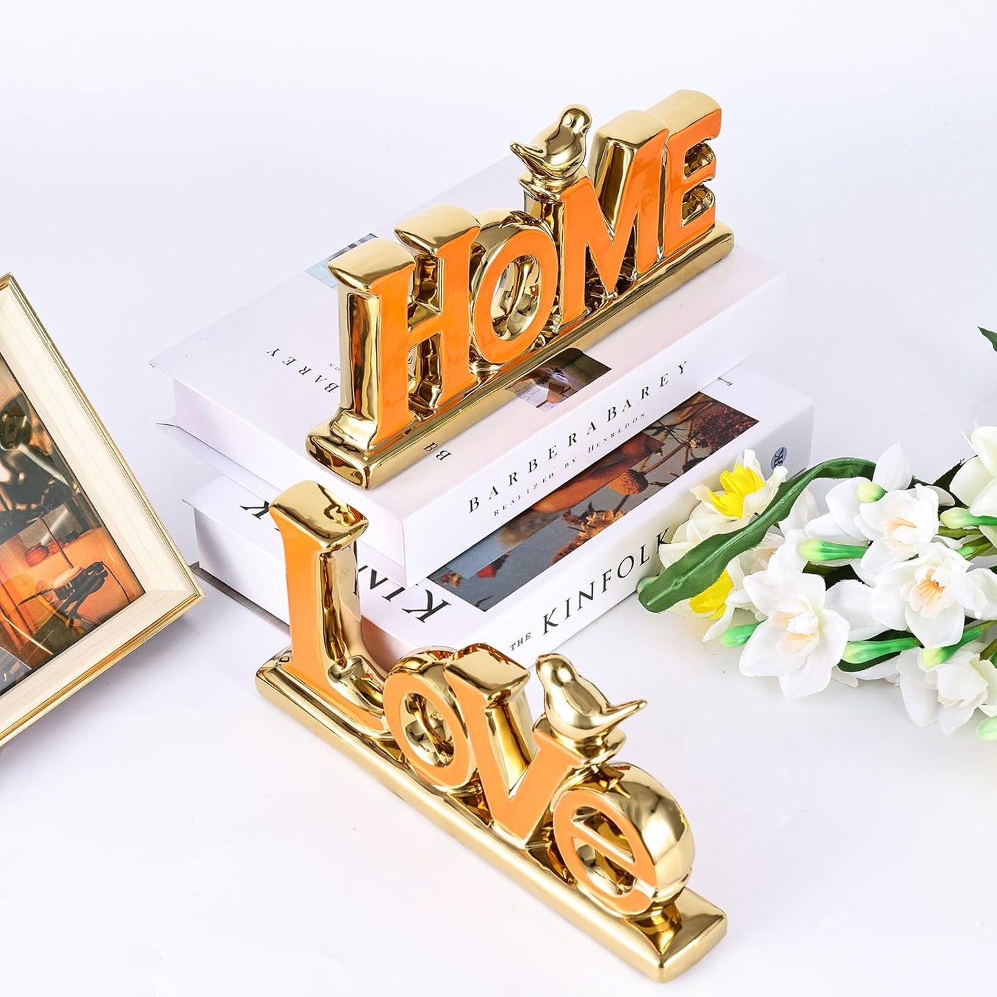 Love Sign Decoration - Orange & Gold Signs for Home Decor, Personalized Love Decor with Gold Bird Sculpture (2 Pcs)