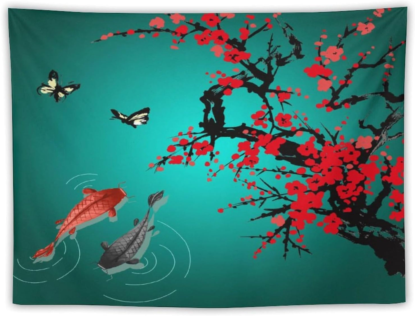 Houselerax Japanese Koi Fish Tapestry, Cherry Blossoms Asian Oriental Green Teal Floral Branch Koi Fish Carp Tapestries Wall Hanging for Bedroom Living Room Office Decor 80"x60"