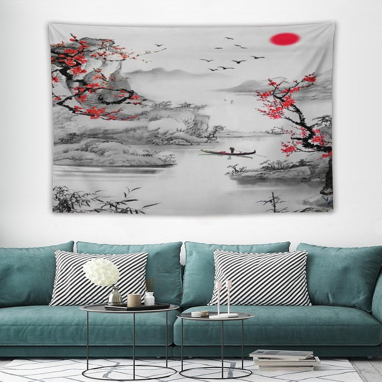 Cherry Blossoms Tapestry, Japanese Red Landscape Watercolor Abstract Art, Asian Japanese Wall Tapestry, Nature Landscape Tapestries for Bedroom Living Room Decor 60"x40"