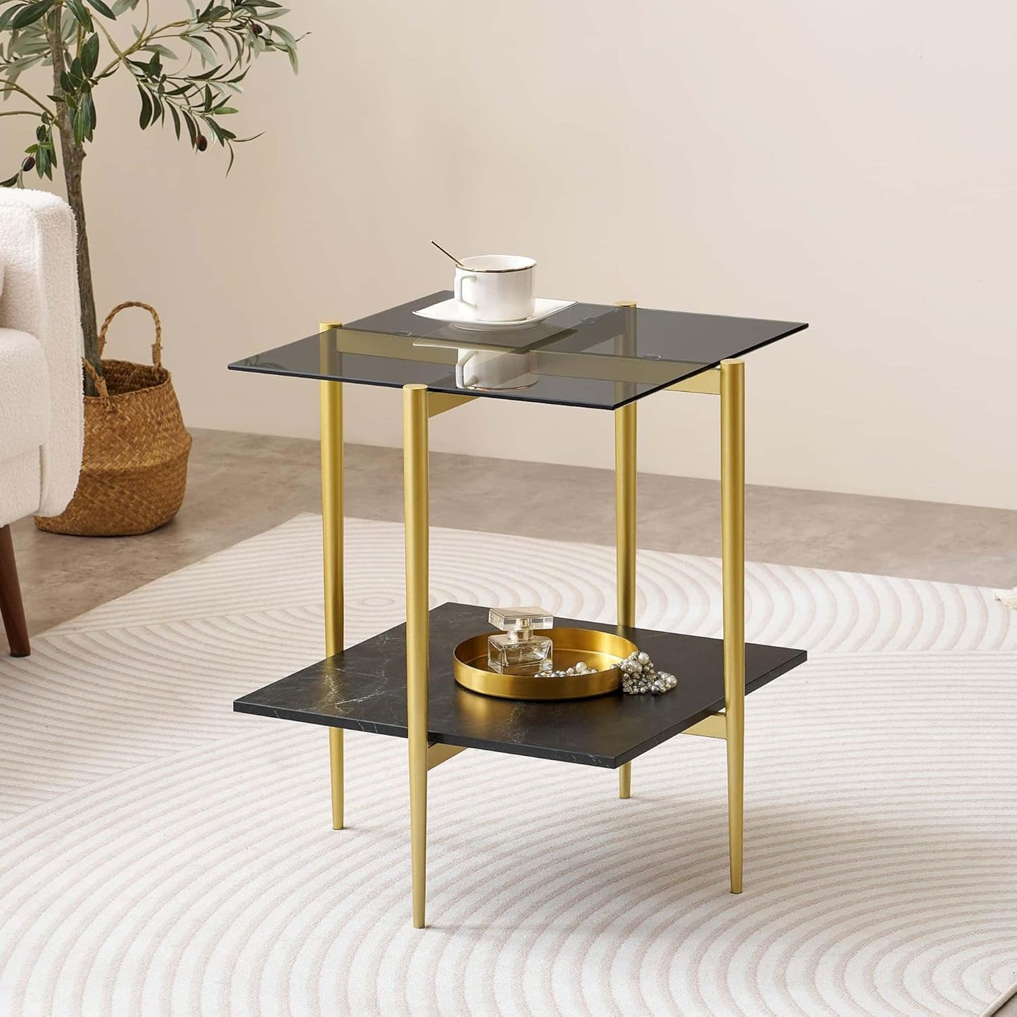 Glass End Table, Mid-Century Modern Design Sofa Table, for Living Room, L18 x W18 x H23 in, Clear Glass Top and Walnut MDF Shelf, Sleek Conical Metal Legs with Gold Finish Frame