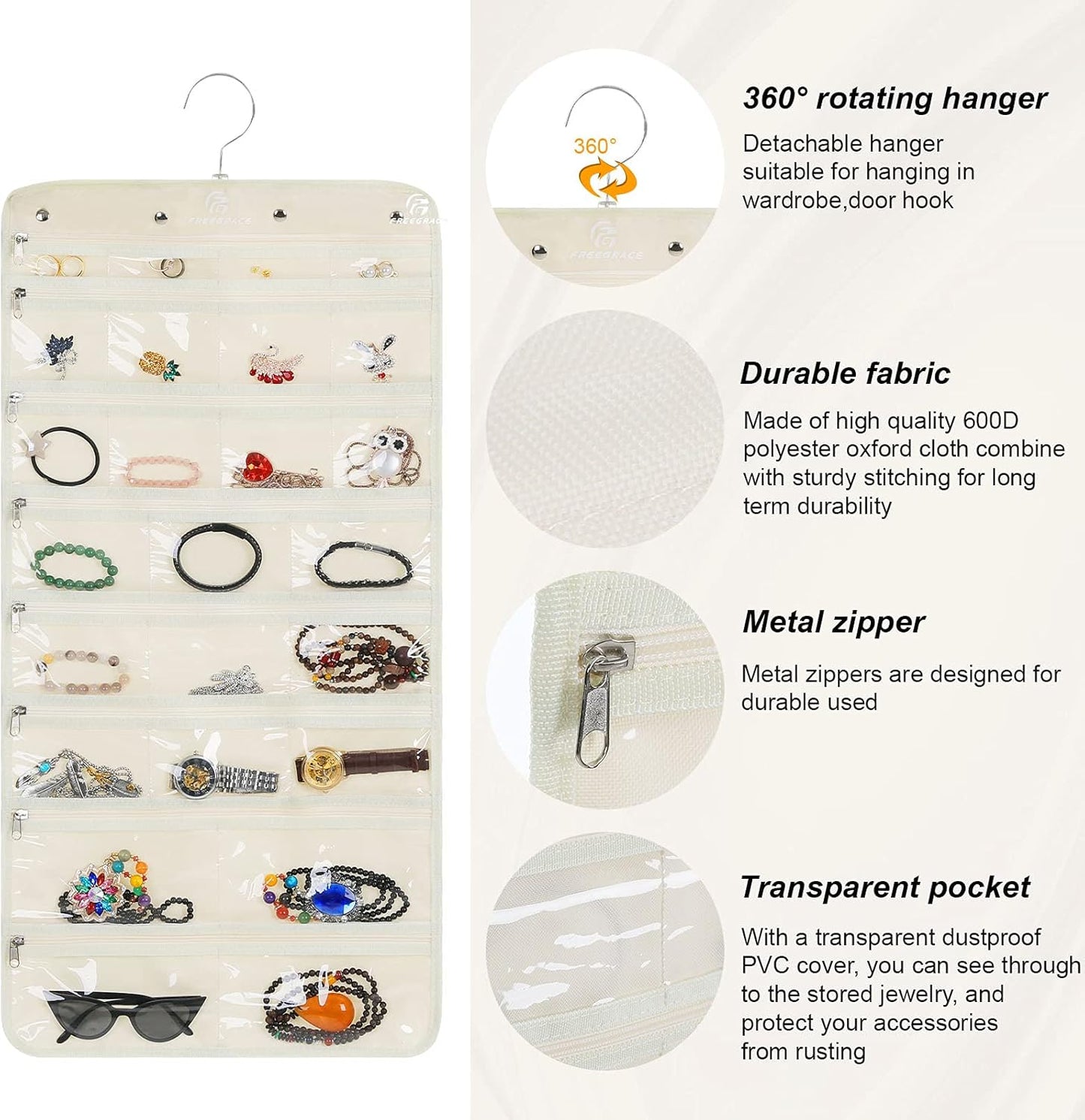 Freegrace Hanging Jewelry Organizer Revolving Hanger - Secure Zipper Closure - 25 Pockets,23 Hooks - Foldable Storage & Display Solution - For All Jewelry & Bijoux (Beige)