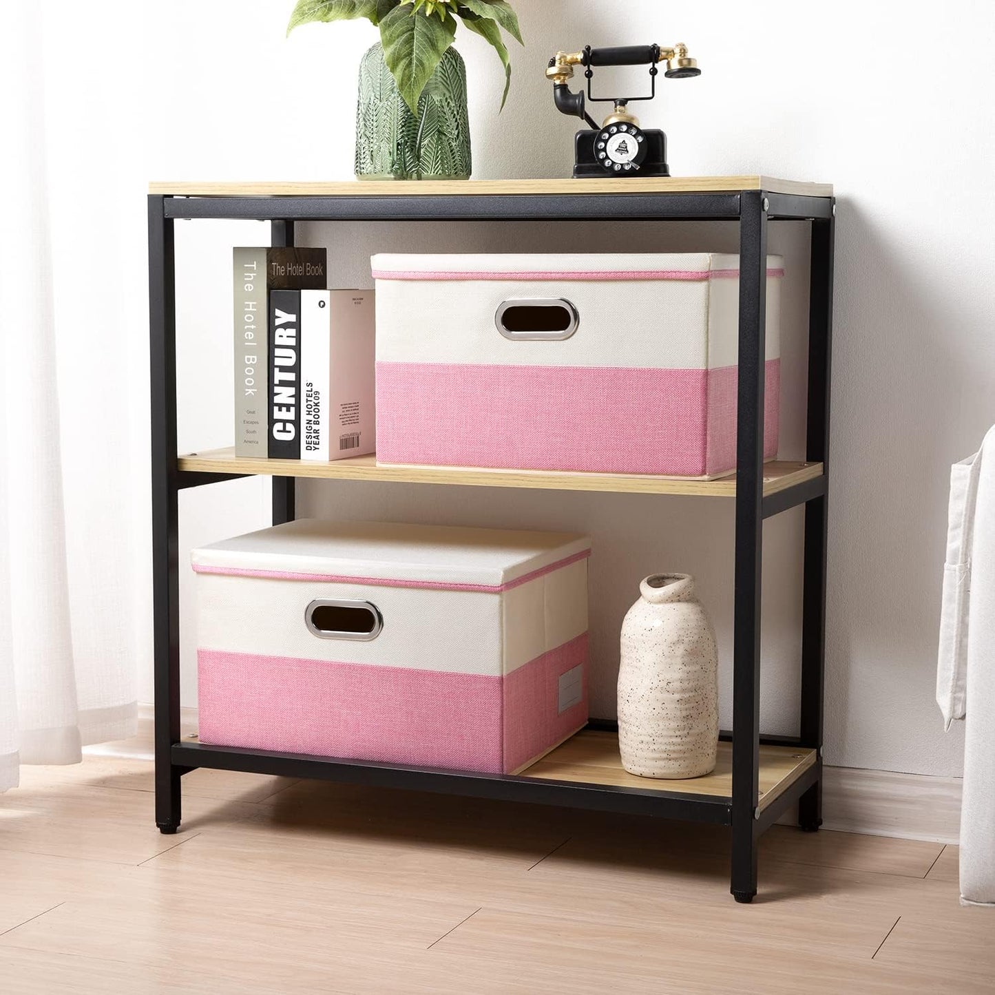 PRANDOM Large Collapsible Storage Bins with Lids [3-Pack] Fabric Foldable Storage Boxes Organizer Containers Baskets Cube with Cover for Home Bedroom Closet Office Pink&Cream(17.7x11.8x11.8)