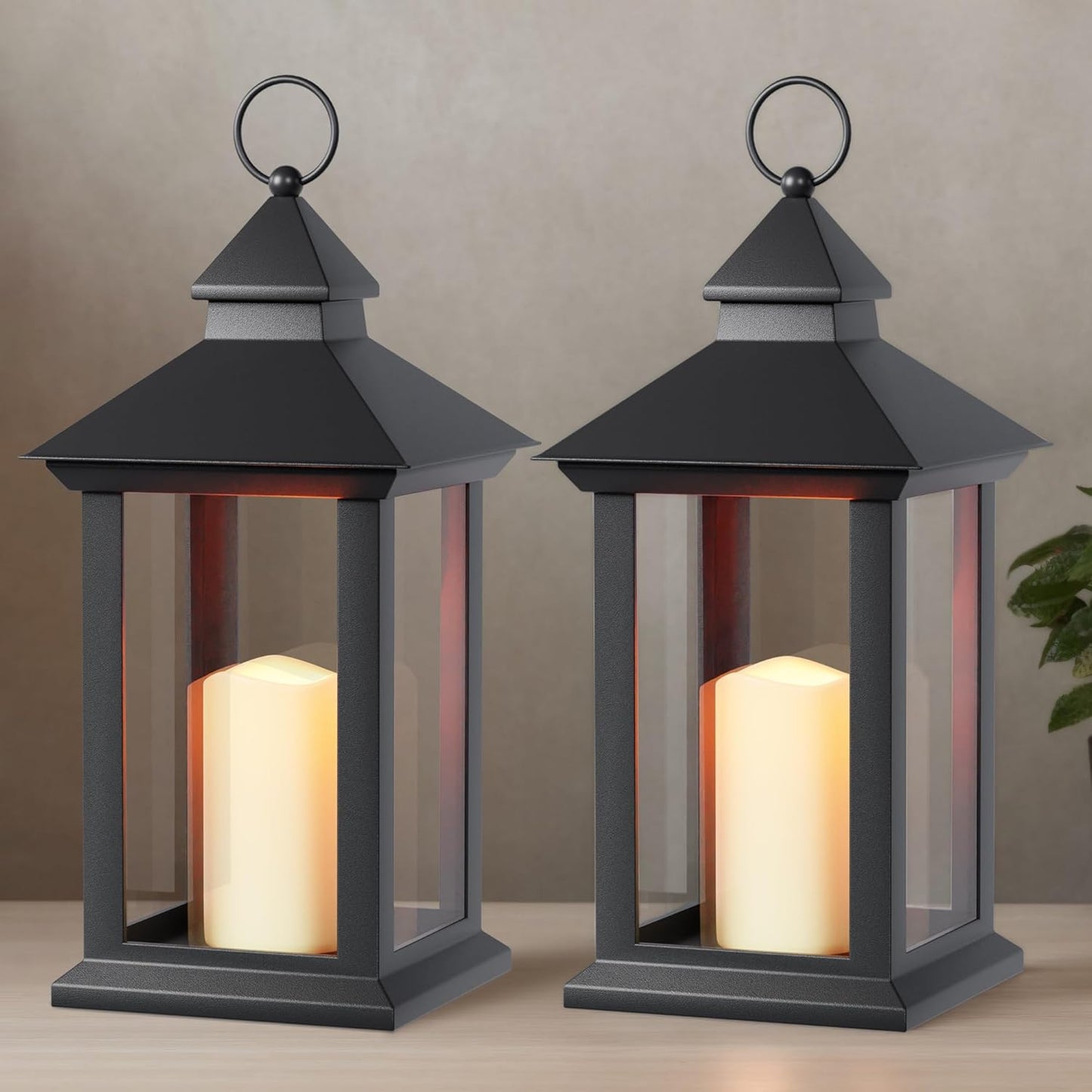 Lanterns Decorative Indoor, 2 Pack Black Outdoor Lantern with Timer, 14" Lantern Waterproof with Battery Operated Candle, Outdoor Hanging Lanterns for Porch, Patio, Wedding Decor