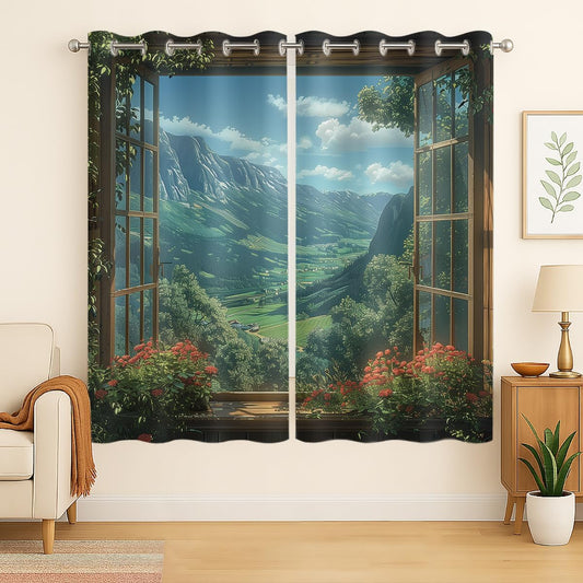 Mountain Blackout Curtains for Girls Boys Teens Home Decor, Spring Sky View Nature Forest Flower Grommet Thermal Insulated Drapes Darkening Window Curtain for Bedroom Living Room, 84 x 84 Inch