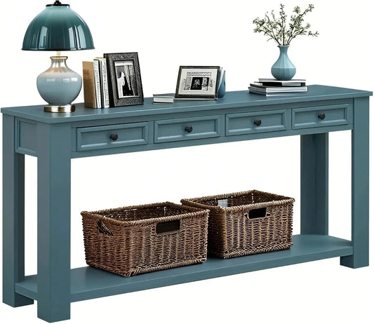 Solid Wood Console Table,63 in Long Sofa Table Entryway Table with 4 Drawers and Bottom Shelf for Hallway Living Room Couch Table,Fully Assembled (63" Dark Blue)