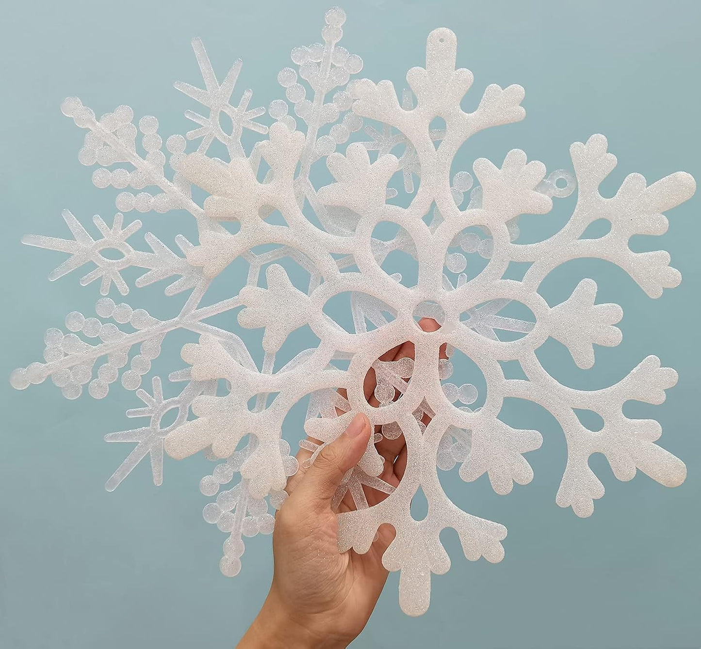 12pcs Large Christmas Snowflakes Decorations, 12" Big Plastic Glitter White Snowflake Ornaments for Winter Indoor Outdoor Christmas Tree Holiday Window Room Decor Craft Snowflakes