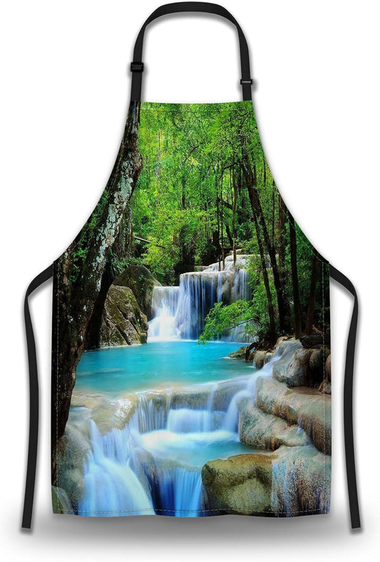 Kitchen Apron for Men Waterfalls Forest Creek Landscape Trees Cooking Aprons for Women for Cooking Restaurant BBQ Painting Crafting Gardening 27” (W) x 31” (H), Waterproof Aprons