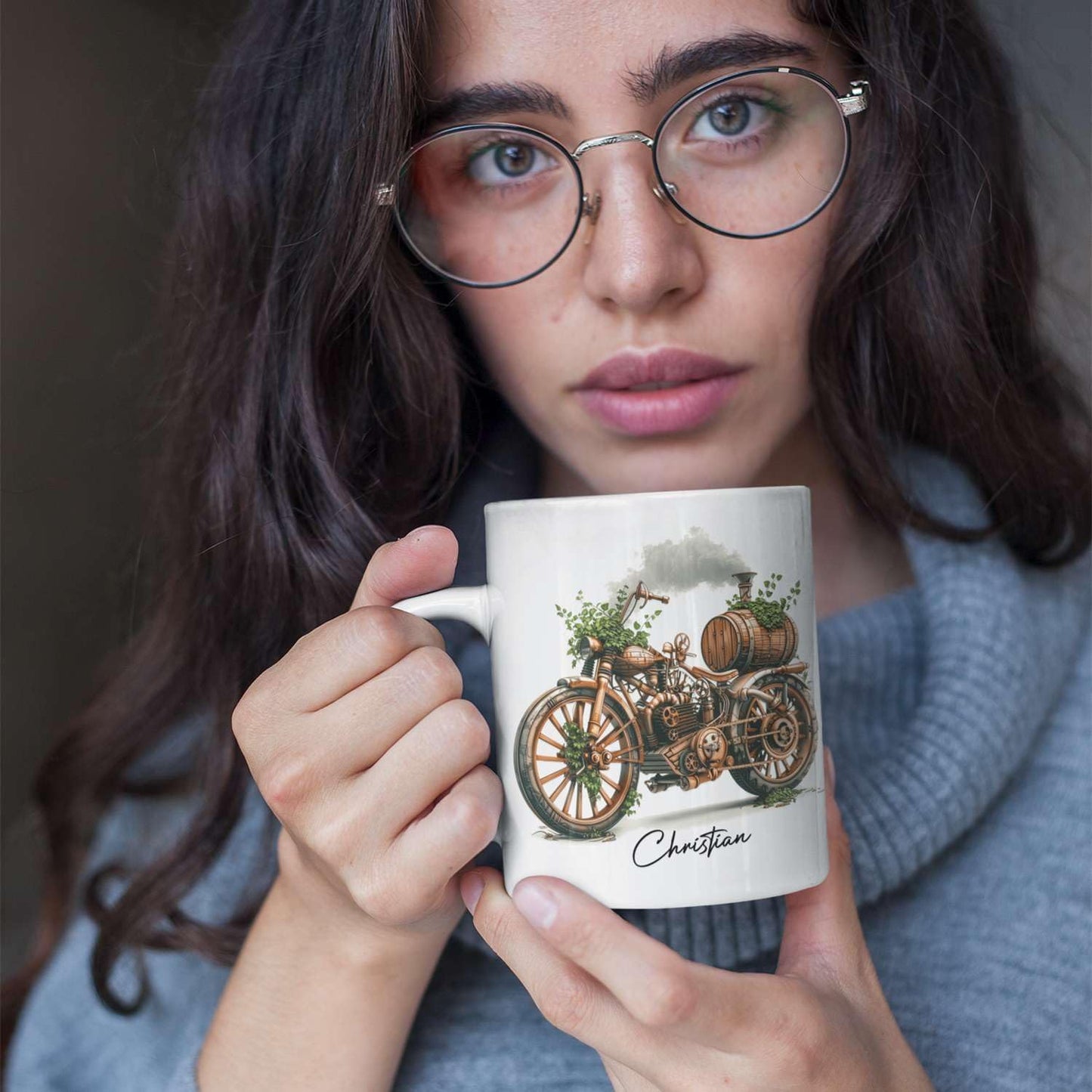 Customized Steampunk Motorcycle Mug With Vintage Design, Personalized Choose Name Coffee Cup 11oz Or 15oz, Custom Steampunk Mug, Unique Steam Engine White Ceramic Mug, Gift For Dad