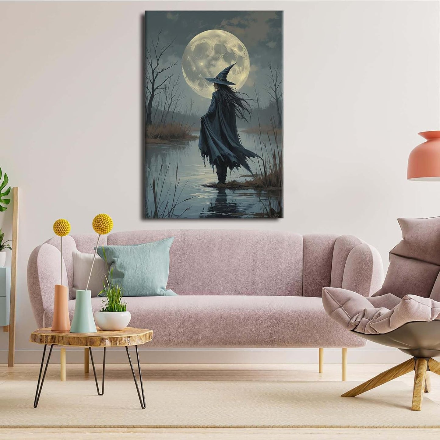 Witch in the moonlight magic canvas wall art enchanting Halloween home decor swamp witch silhouette oil painting mysterious gothic aesthetic wall decor print poster28x40in Wood Framed