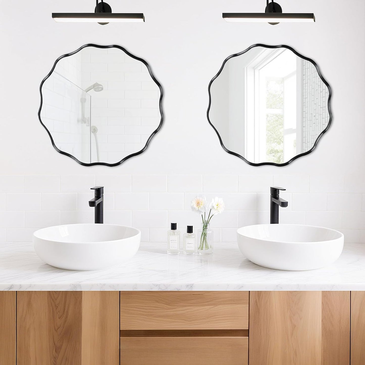 Fabuady Black Round Wavy Edge Mirror - 20'' Circle Wall Mirror with Metal Frame, Decorative Hanging/Leaning Mirrors for Bathroom, Bedroom, Living Room, Hallway, Entryway, Office, Home Decor