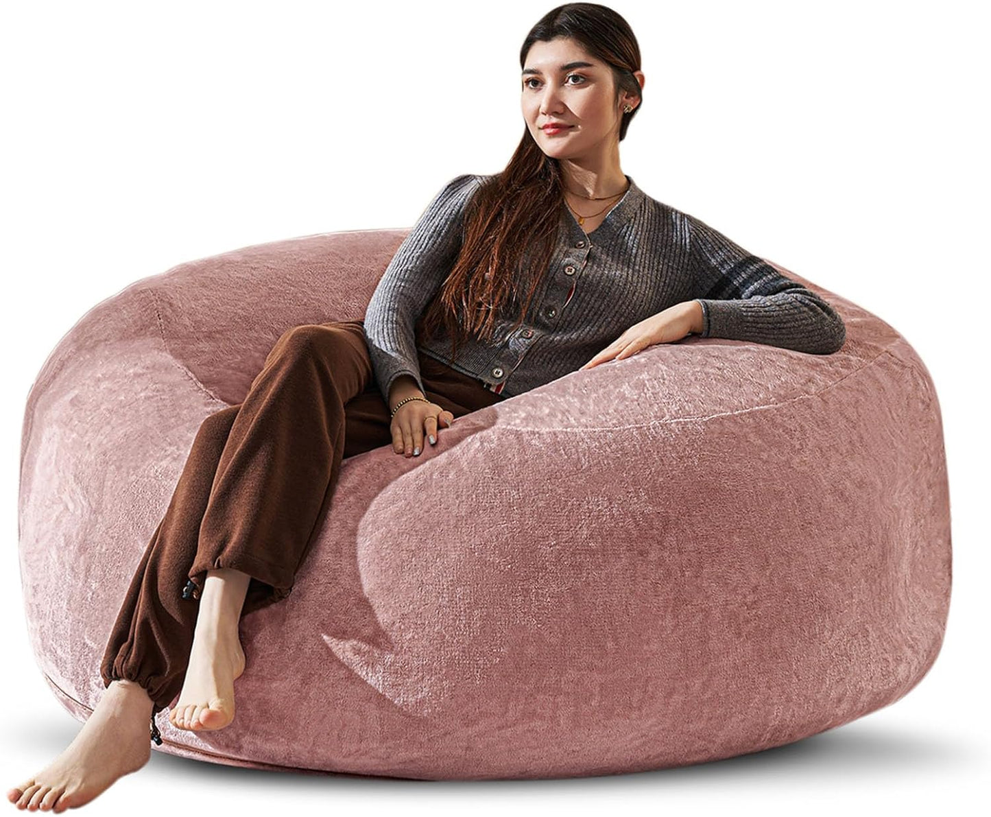 Bean Bag Chair 4Ft, Memory Foam Filled, Large Beanbag Chairs for Adults and Teens, Soft Sofa with Removable Flannel Cover, Round Couch for Living Room Bedroom College Dorm (Pink, 4FT-47×47"×24")