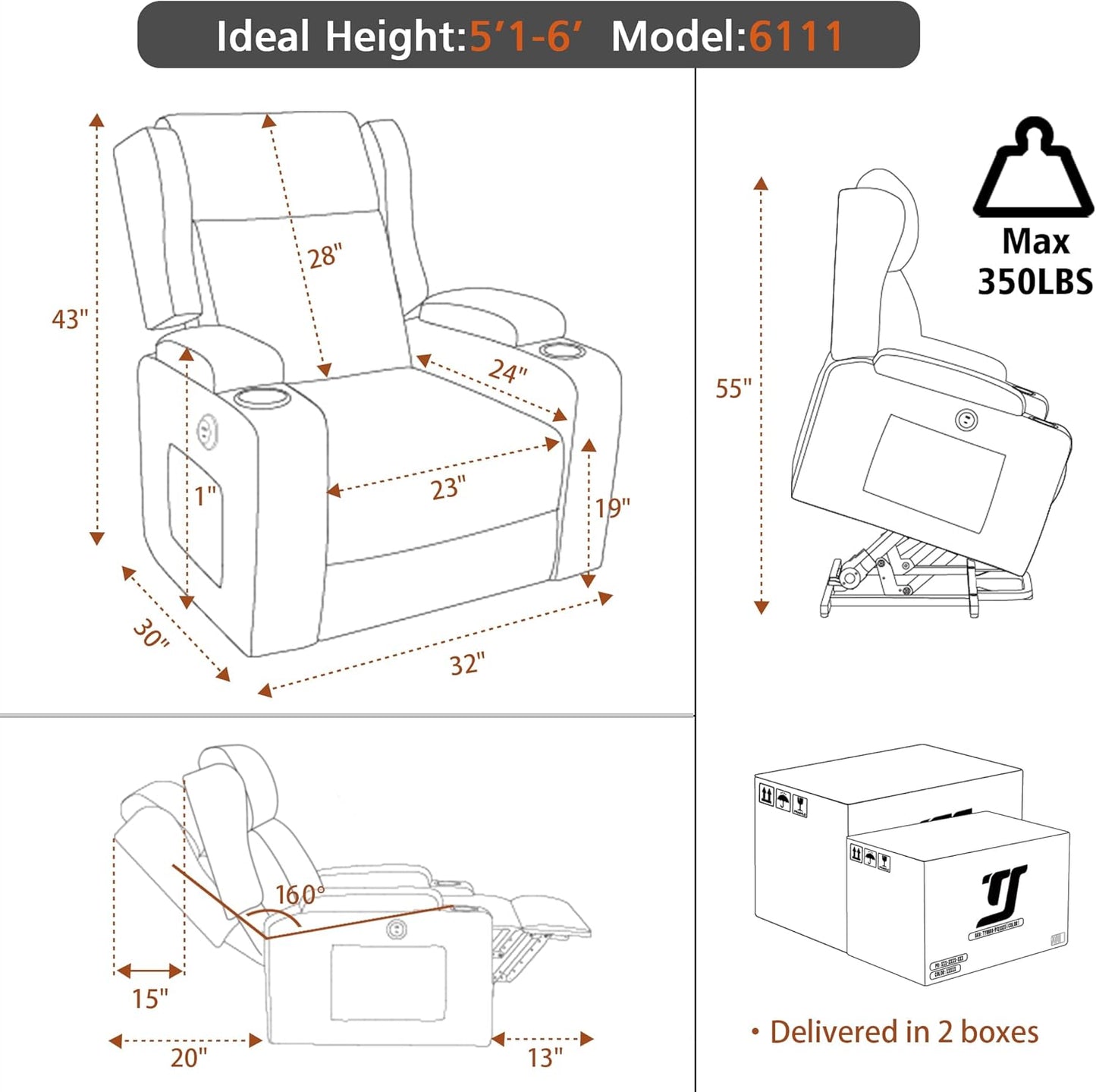Lift Recliner Chair for Adults with Massage and Heating, Power Lift Recliner Chairs for Elderly, Corduroy Fabric Reclining Chair with USB &Type-C Port, Cup Holders, L6111 (Brown)