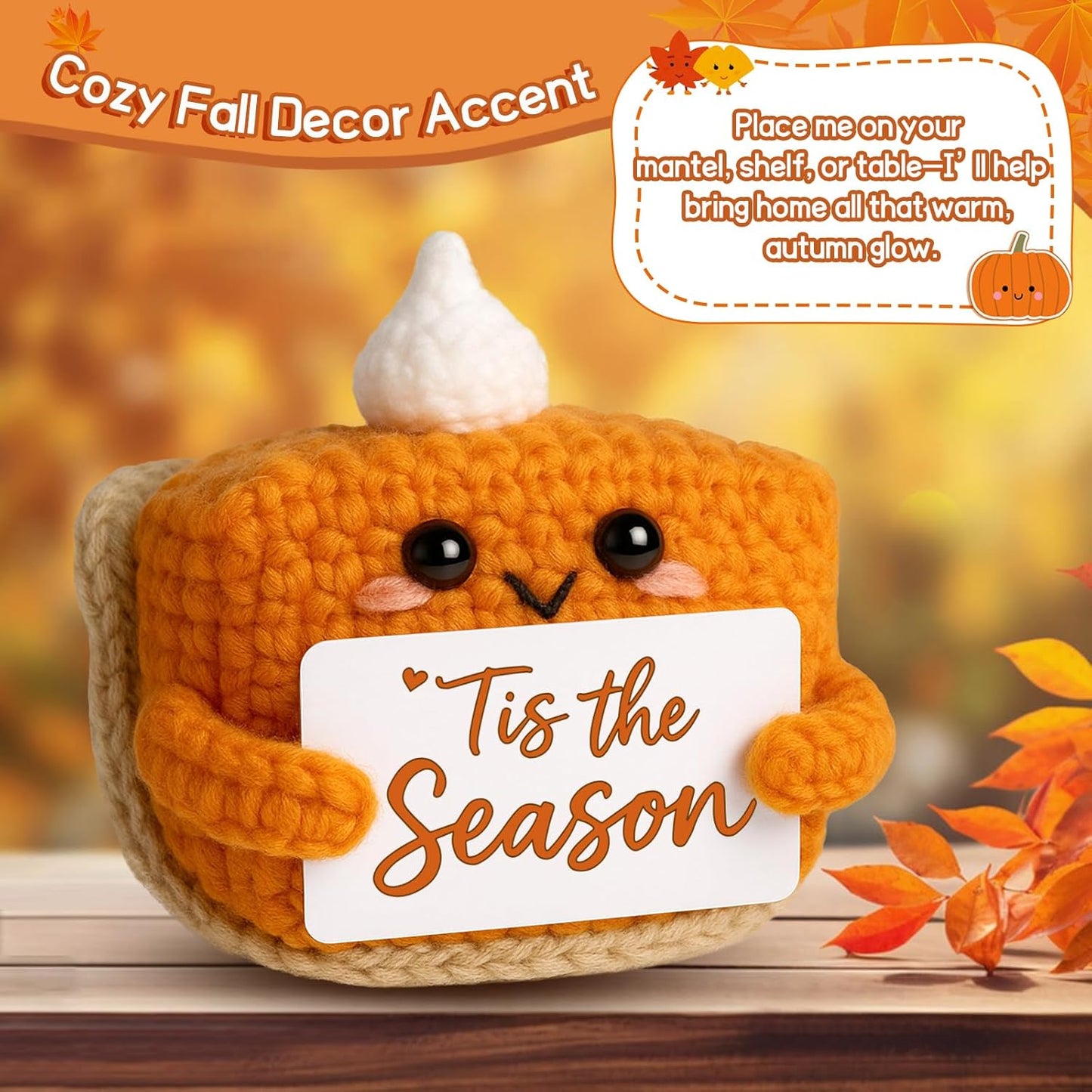 Tis The Season Fall Decor | Mini Crochet Pumpkin Pie Plush | Small Handmade Autumn Halloween Thanksgiving Items for Home Office Indoor Table Decoration Christmas Stocking Stuffer Ornament