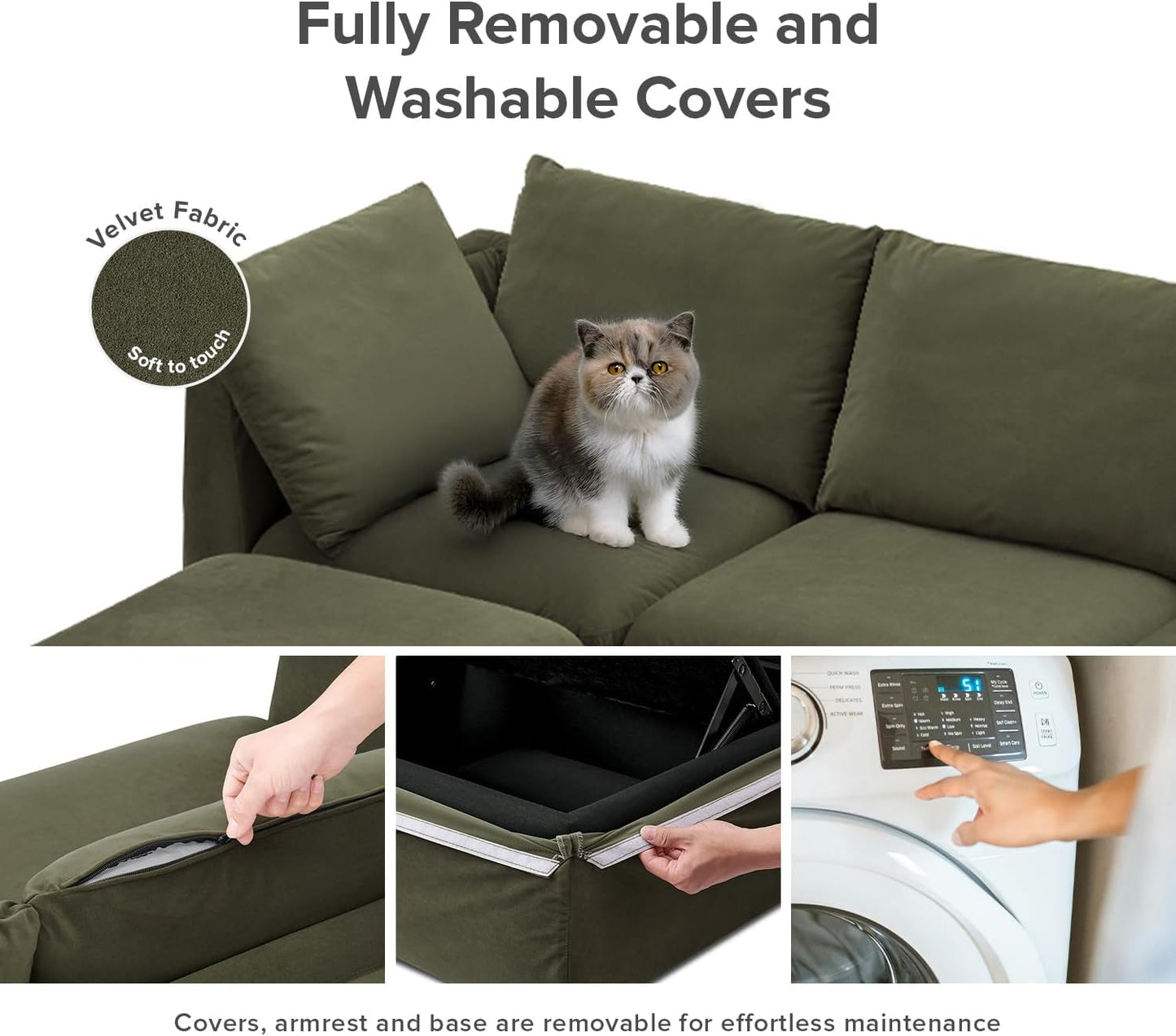 mopio Oversized Modular Sectional Sofa with Fully Removable Covers and Storage, Convertible U, L-Shaped and Sleeper Sectional, Modern Couches with Ottoman Chaise (Olive Green Velvet, 8 Seats, Sleeper)