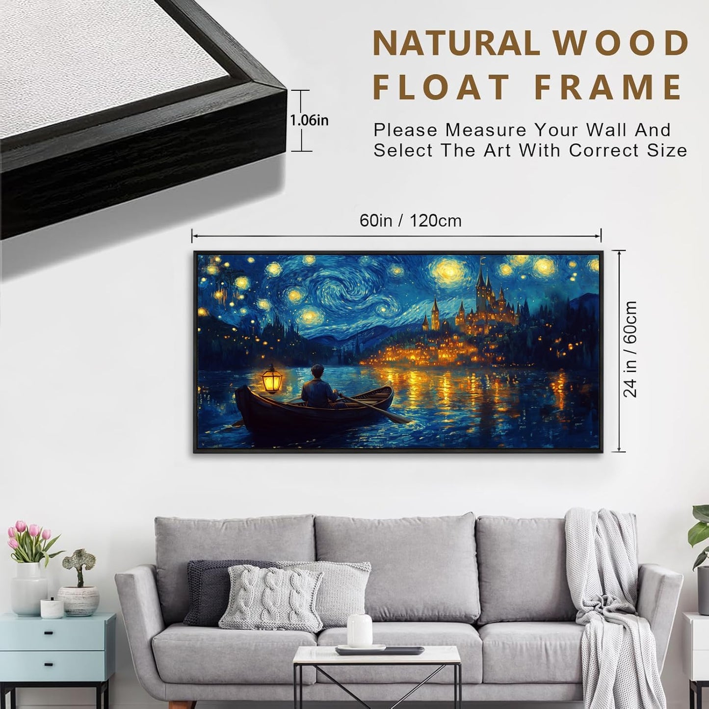 Wall Art Canvas Print Starry Night Over the Rhone by Van Gogh 24 x 48 inches Framed Home Artwork Decor Canvas Art Painting Living Room for Bedroom Office Wall Décor