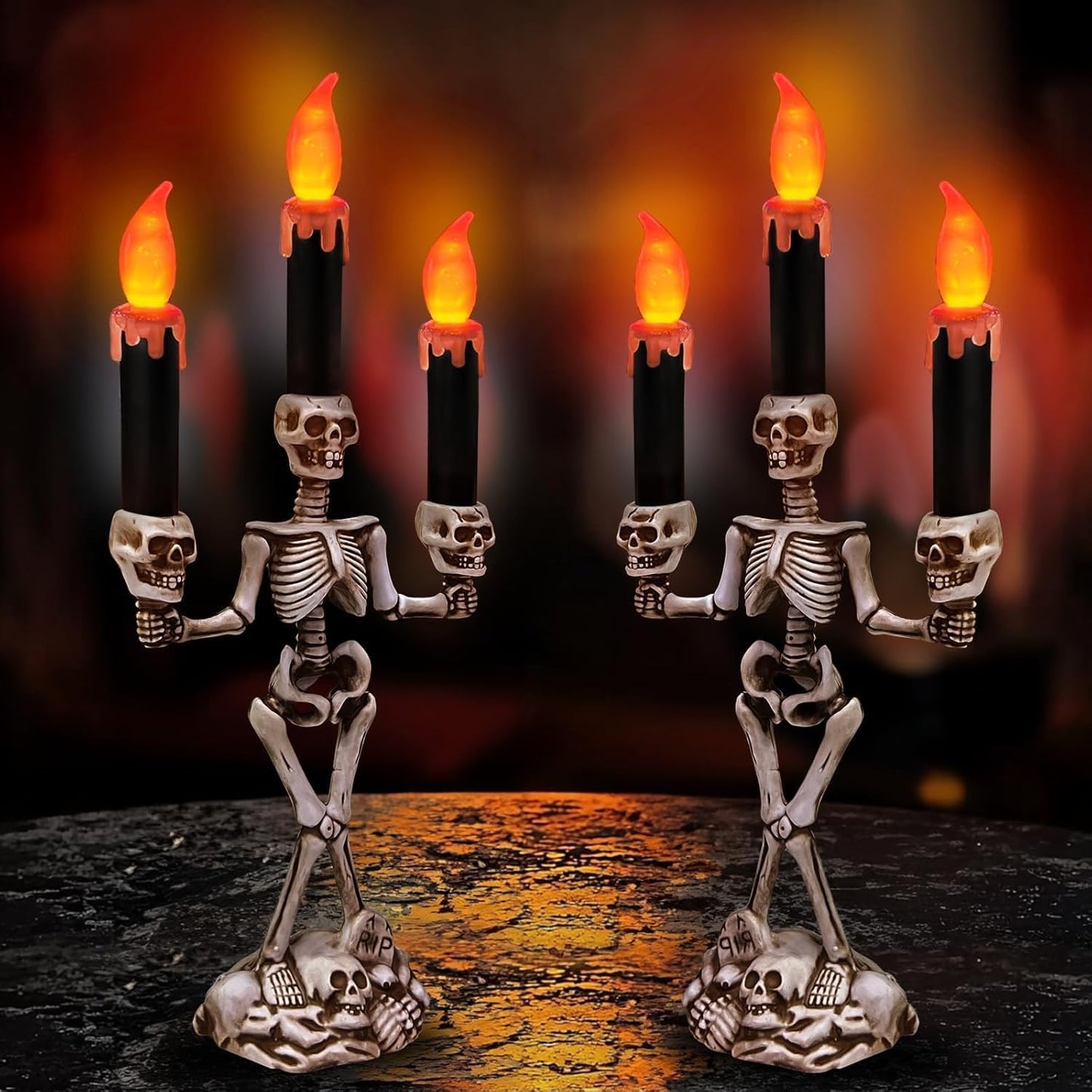TURNMEON 2 Pack Halloween Candelabra with LED Flame Less Candles Holder Battery Operated Flickering Lights Skull Candles for Halloween Decorations Indoor Home Table Mantel Party Haunted Mansion Decor