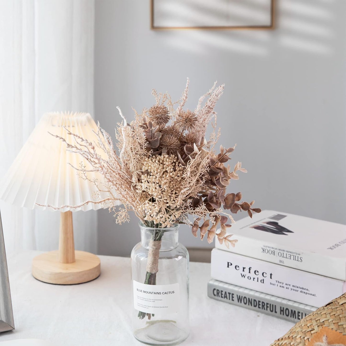 2 Pack Boho Artificial Flowers Plants Bouquet Decoration 13.8inch, Fake Plastic Brown Eucalyptus and Beige Grasses, Faux Floral Arrangement for Wedding Centerpieces Party Home Fall Decor