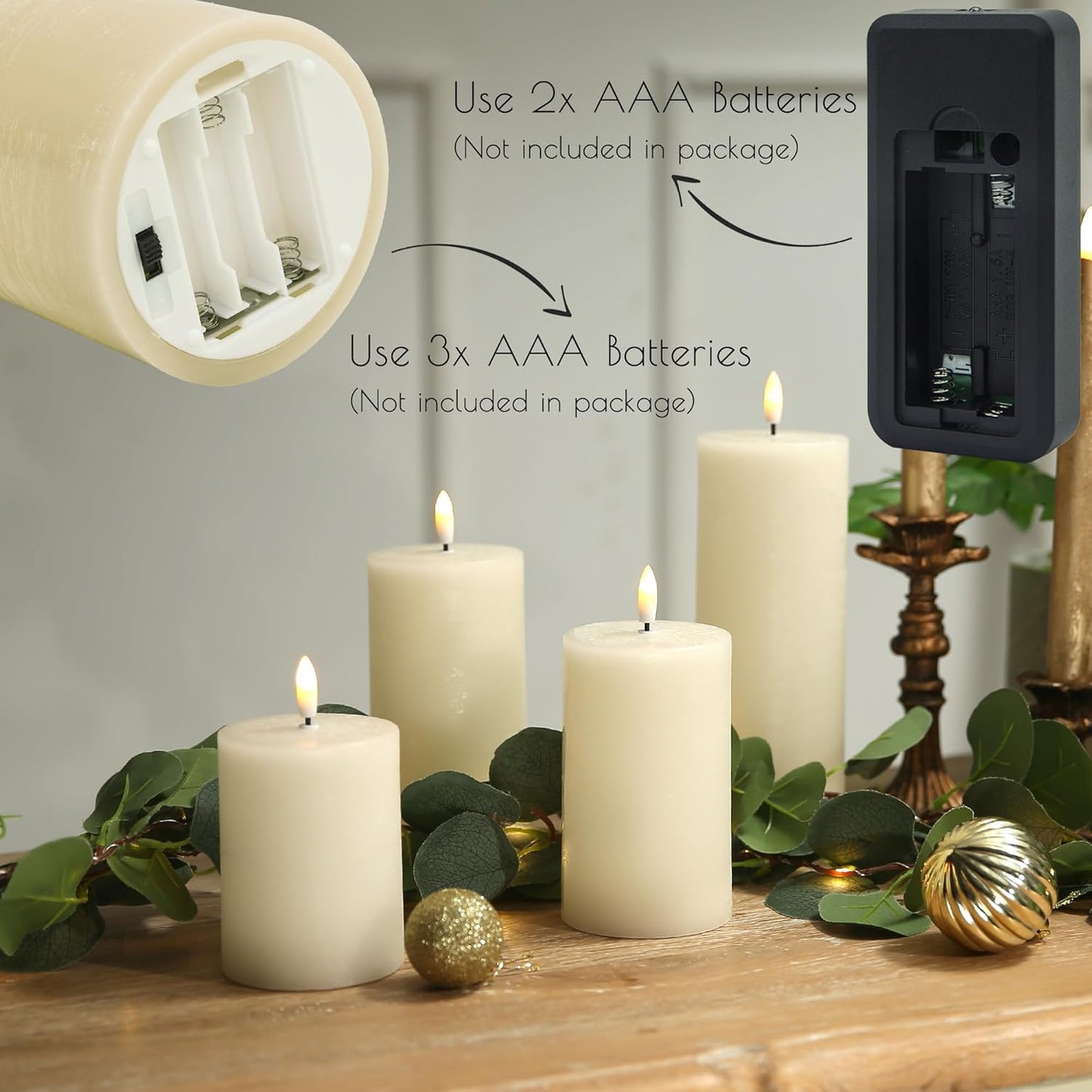 LUSHABOR Flameless Candles, 4 Pack Battery Operated Candles with Remote, Real Wax LED Fake Candles with Timer Flickering for Christmas Wedding Home Party D3 H 5" 6" 7" 9" Ivory