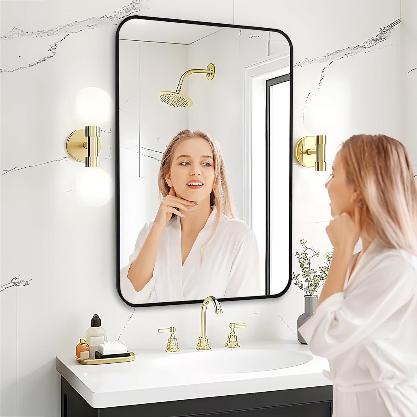 Fabuday Black Bathroom Mirror for Over Sink Wall - 24x36 Rectangle Mirror with Matte Metal Frame, Big Rounded Rectangular Vanity Mirrors for Bedroom, Living Room, Entryway, Horizontally/Vertically