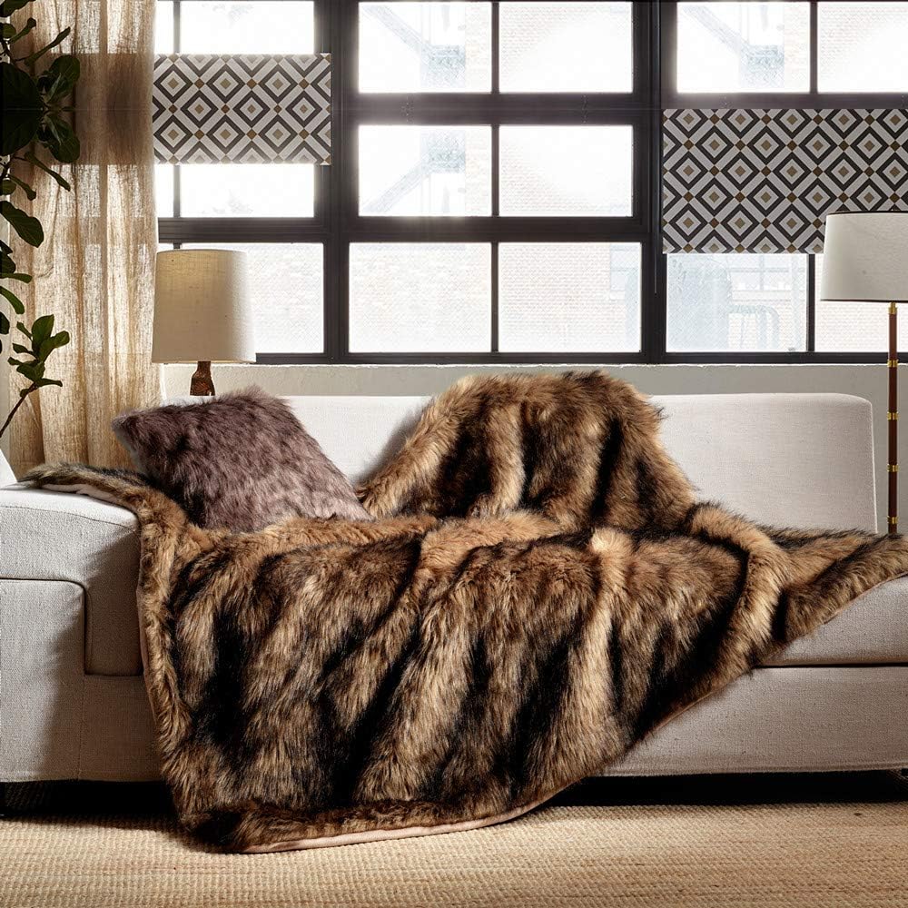 Luxury Plush Faux Fur Blanket King Size, Long Pile Brown with Black Tipped Throws, Oversized Super Warm, Fuzzy, Elegant, Fluffy Decoration Throw Blanket for Sofa, Armchair, Couch and Bed, 104"x90"