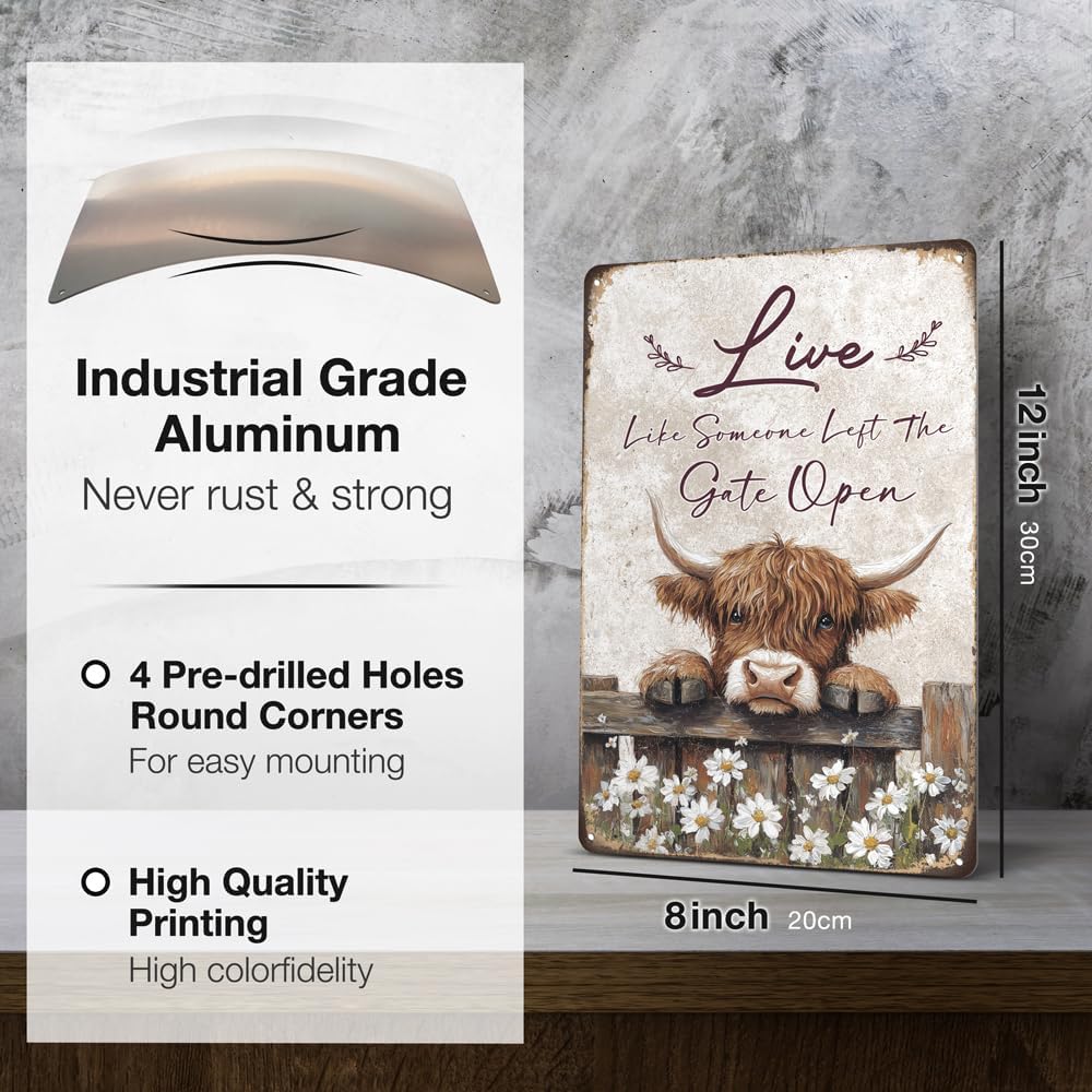 Heuhuww Vintage Highland Cow Decor-Live like Someone Left the Gate Open Tin Sign Farmhouse Wall Art for Home Office Bathroom Highland Cow Gifts 12" x 8"(H17)