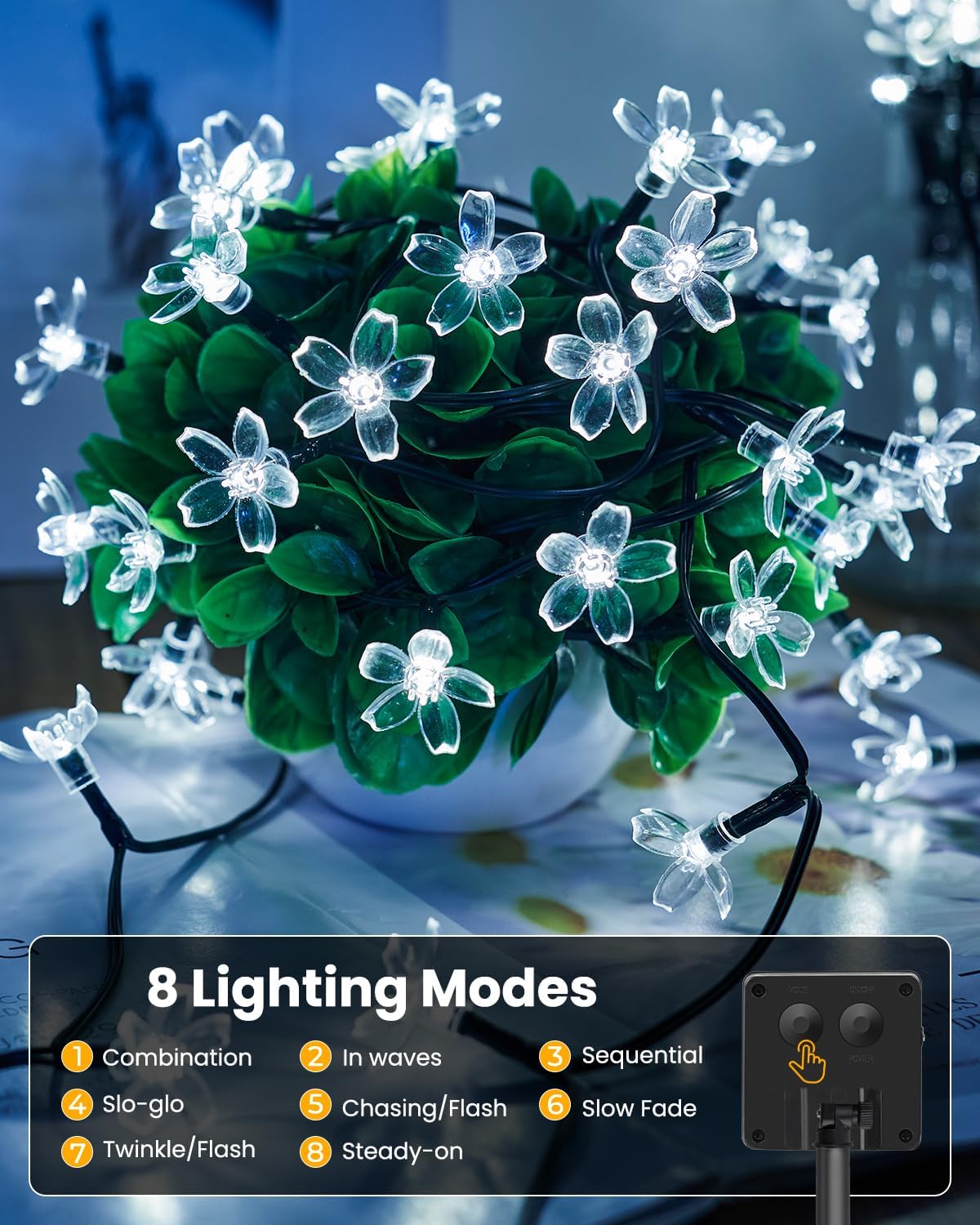 Brightown 60 LED Solar Flower String Lights Outdoor Waterproof Fairy Lights for Garden Yard Fence Patio Christmas Tree Wedding Party Decor, Pure White
