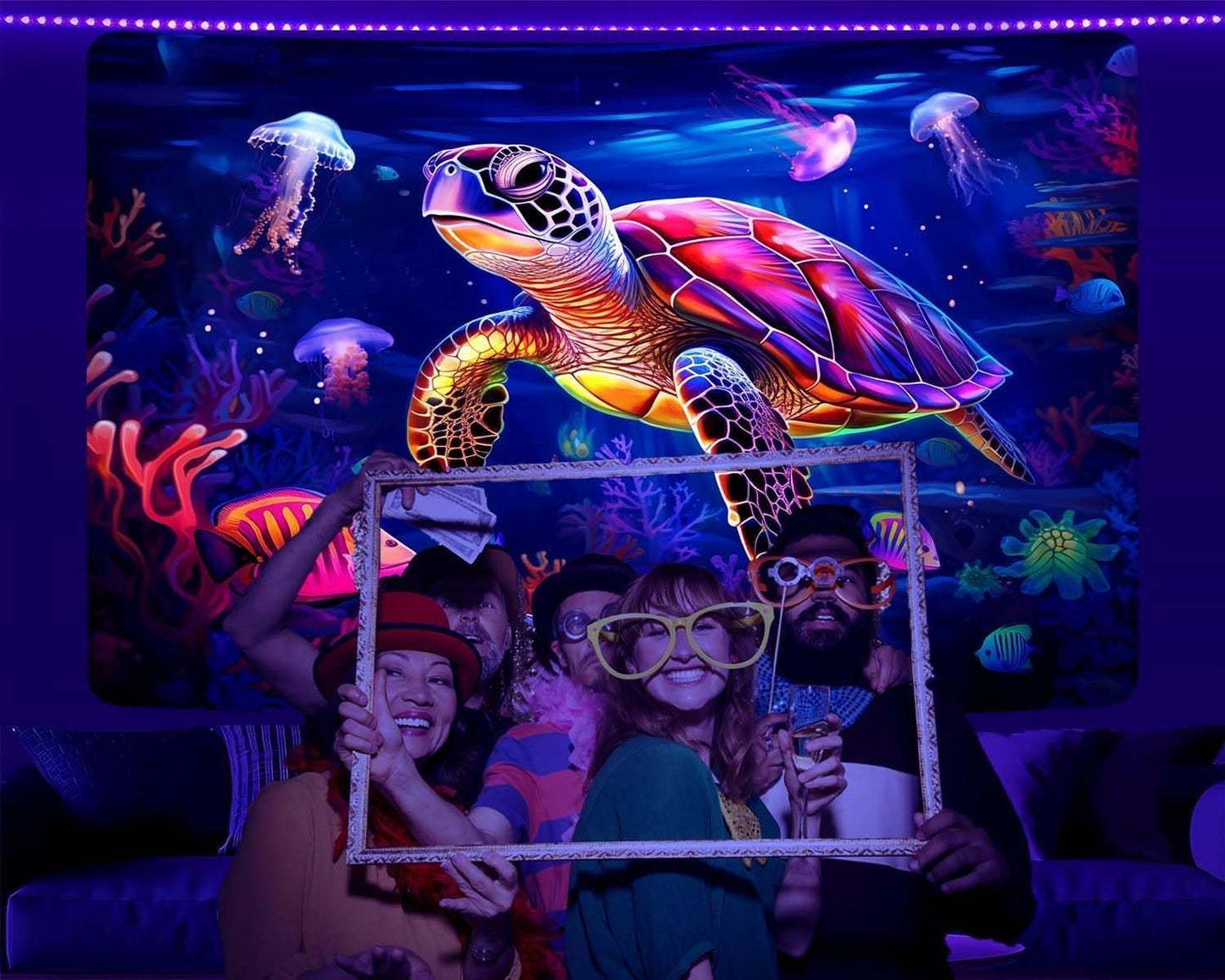 QGHOT Turtle Tapestry, Blacklight Ocean Tapestry Wall Hanging Undersea Black Light Poster for Kids Glow in the Dark for Bedroom Children Toddler Room Decor 80x60in