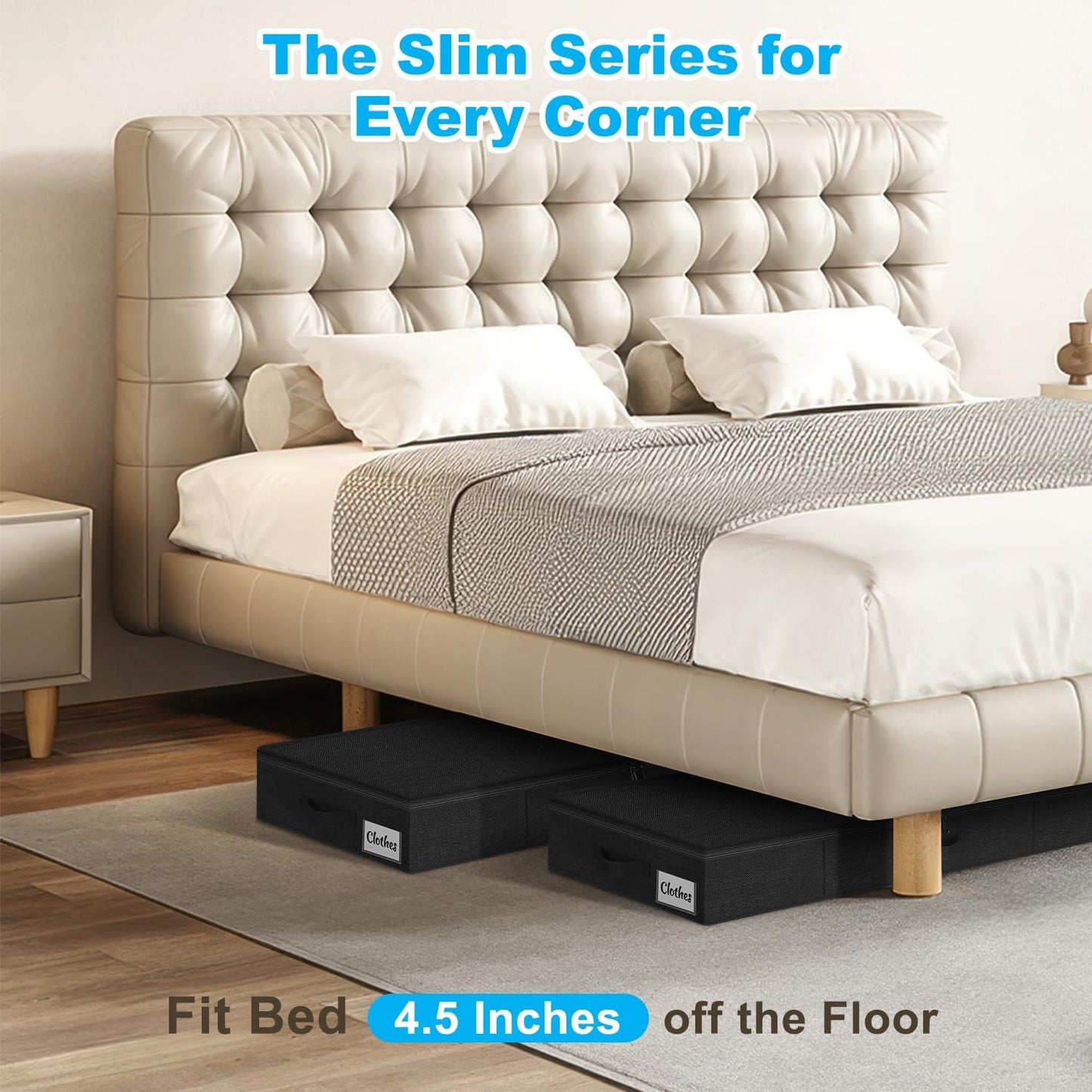 Under Bed Storage Container Bins 2 Pack, 4.5 Inch Slim Low Profile Underbed Clothes Storage Organizer for Dorm & Home, Use for Blanket and Toy Storage Box W/ Sturdy Bottom/Sides, Foldable Thick Fabric