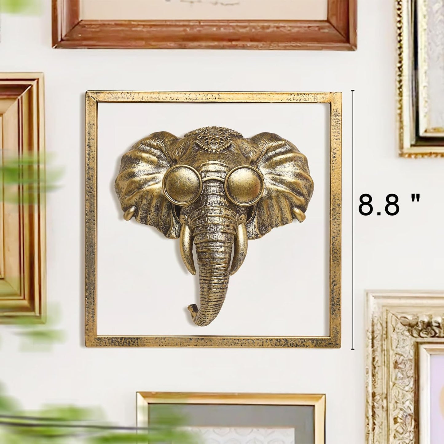 Animal Heads Wall Decor (Includes Metal Frame) Resin Animals Sculptures Head Wall Hanging Decoration Gold vintage Wall Sculpture for Living Room Bedroom Office (Elephant)