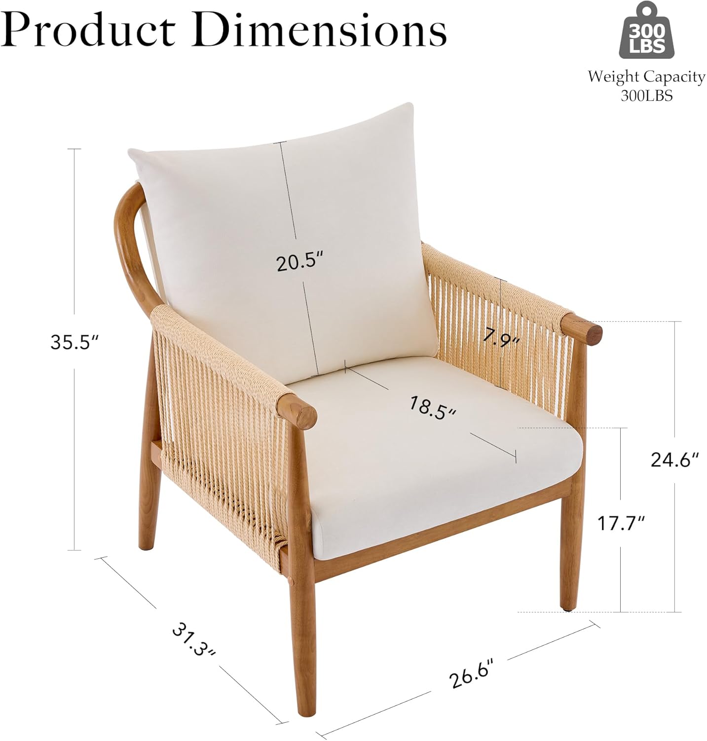 Braid Accent Chair for Living Room Bedroom Reading Room, Rattan Modern Boho Armchair with Solid Wooden Armrest & Frame and Cushions