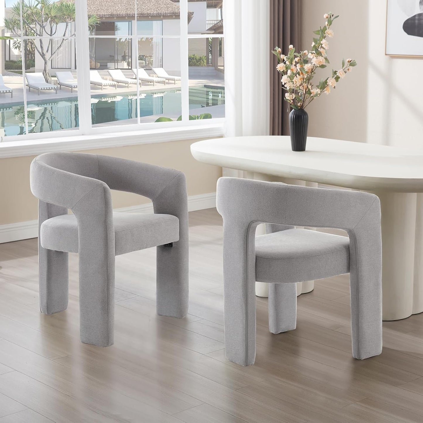 Grey Chenille Dining Chairs Set of 2, Modern Barrel Dining Room Chairs Upholstered Faux Fur Accent Chair with Arms and Round Back for Living Room Kitchen Armchair No Assembly Needed