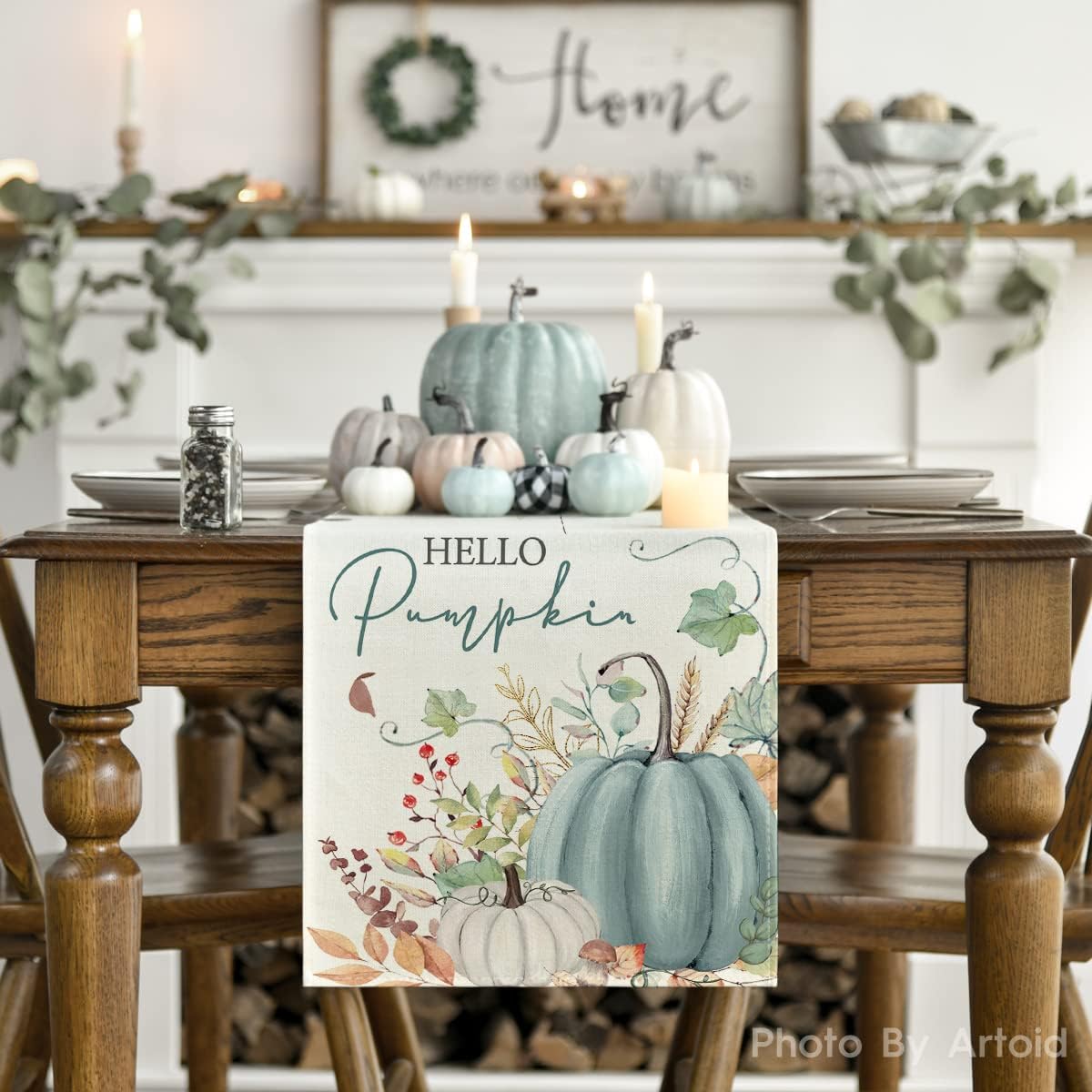 Artoid Mode Aqua Hello Pumpkin Leaves Fall Table Runner, Seasonal Autumn Kitchen Dining Table Decoration for Home Party Decor 13x60 Inch