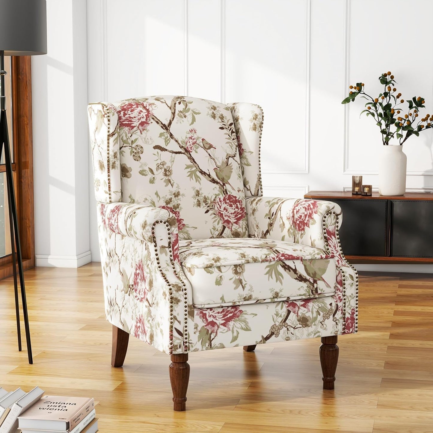 UIXE High Back Floral Accent Chairs Set of 2, Fabric Upholstered Armchair for Living Room, Retro Wingback Arm Chair with Solid Wood Leg, Nailhead Trim Single Sofa Bedroom Reading Seat - Beige
