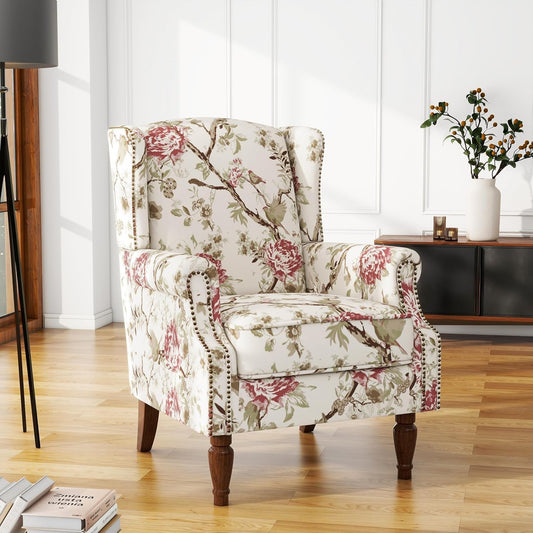 UIXE High Back Accent Chair, Fabric Upholstered Armchair for Living Room, Retro Wingback Arm Chair with Solid Wood Legs, Nailhead Trim Single Sofa Bedroom Reading Seat - Beige Floral