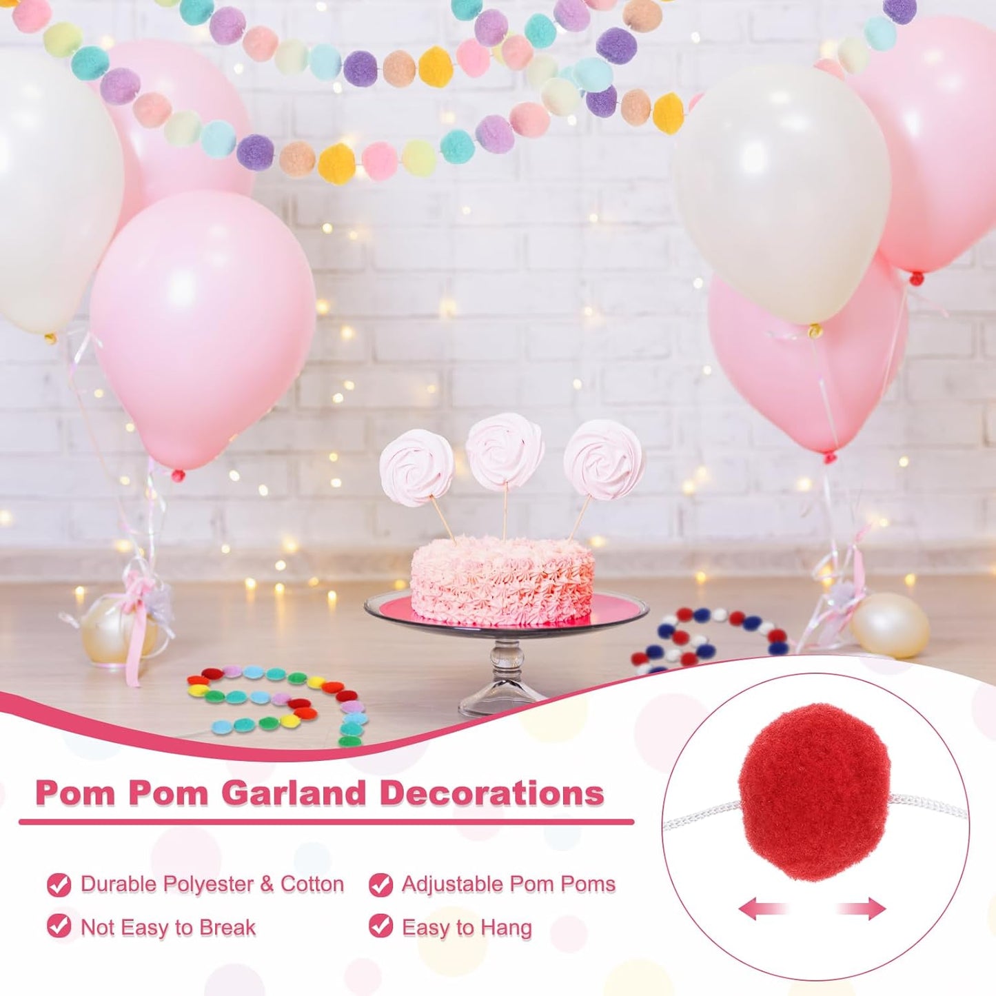 PATIKIL 13Ft Pom Pom Garland Decorations, 2Pcs Colorful Felt Ball Garland Banner Cute Rainbow Pompom Hanging Decorations for Tree Ornaments Homes Decor, Red/White/Blue