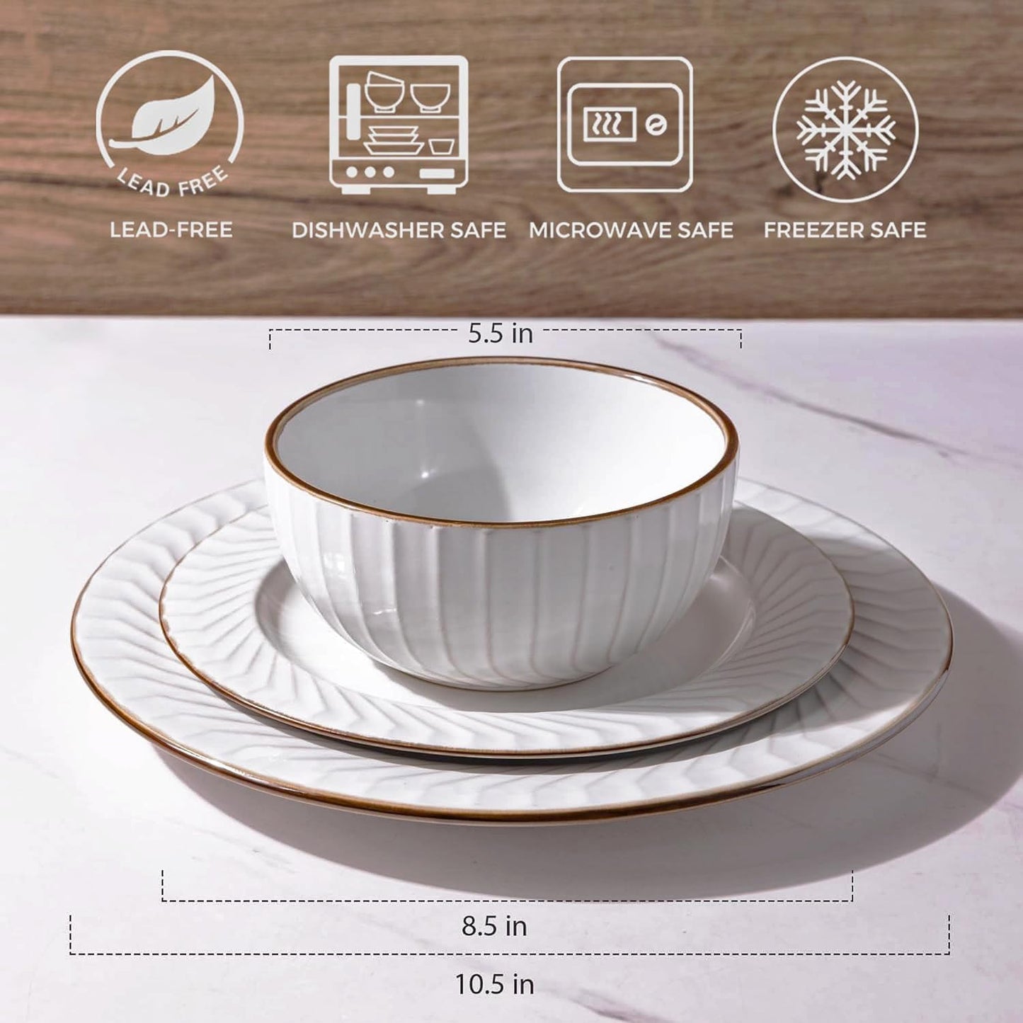 GBHOME Ceramic Dinnerware Sets,12 pcs Embossed Elegant Stoneware Plates and Bowls Sets, Housewarming Wedding Gift | Dishwasher & Microwave Safe | Dishes Set Service for 4