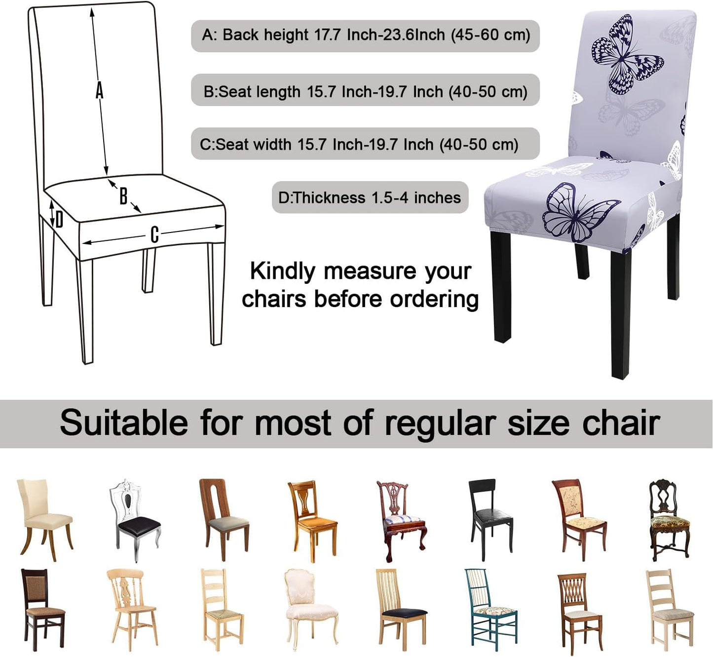 JQinHome Pattern Chair Covers for Dining Room Set of 6, High Stretch Removable Washable Parsons Chair Slipcover for Home Party Hotel Wedding Ceremony (Grey Butterfly,6PCS)