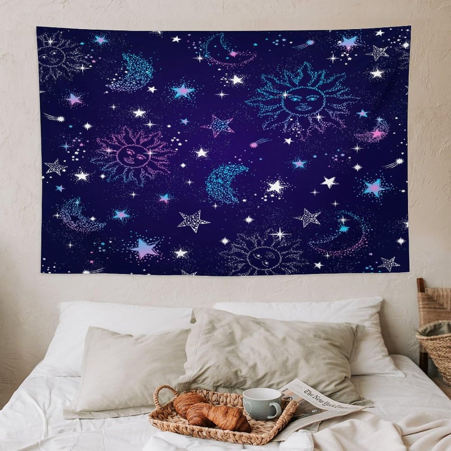 HZOHNAGO Boho Sun Moon Tapestry Purple Blue Sun Stars Galaxy Pattern Printed Wall Tapestry Wall Hanging for Bedroom Living Room Dorm 60" W x 40" H