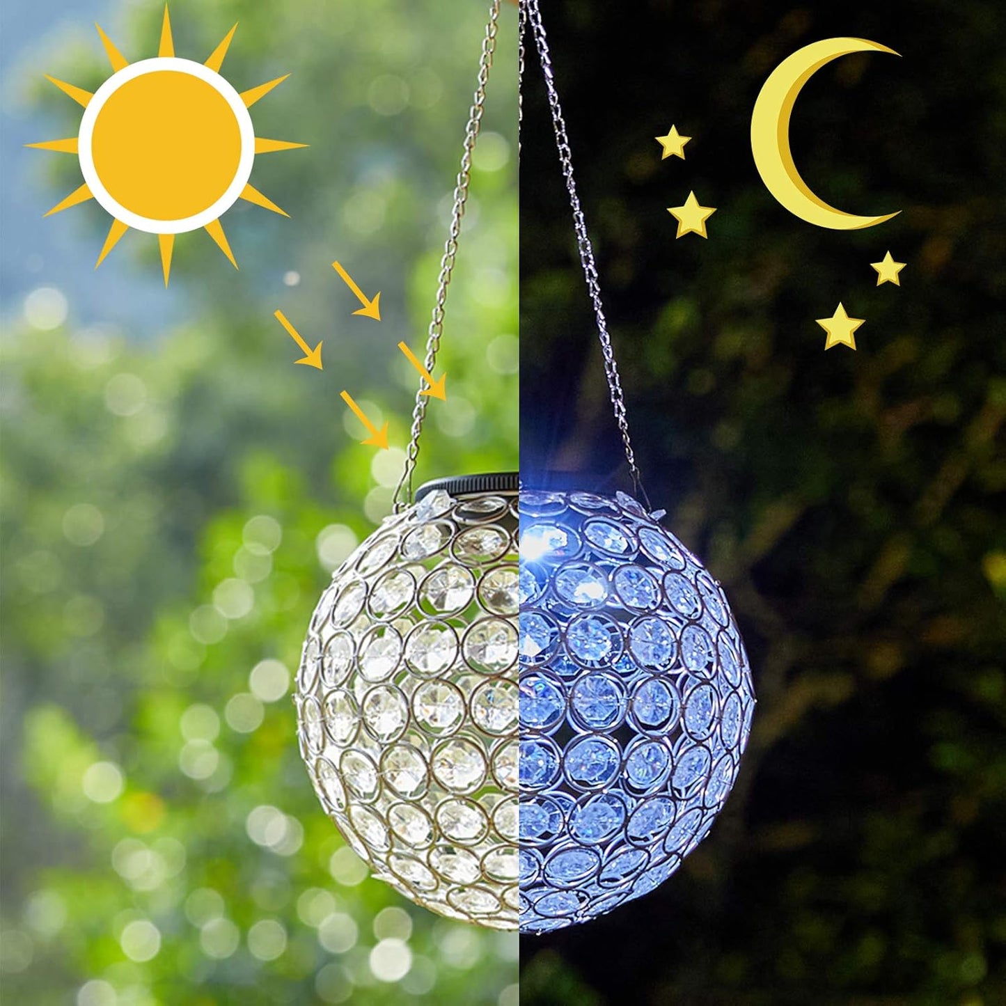 Solar Hanging Lantern Outdoor Lights, Dual LEDs Color Changing and Cool White Hanging Light Waterproof Crystal Globe Lamp Decoration in Garden, Pathway, Front Door - Clear