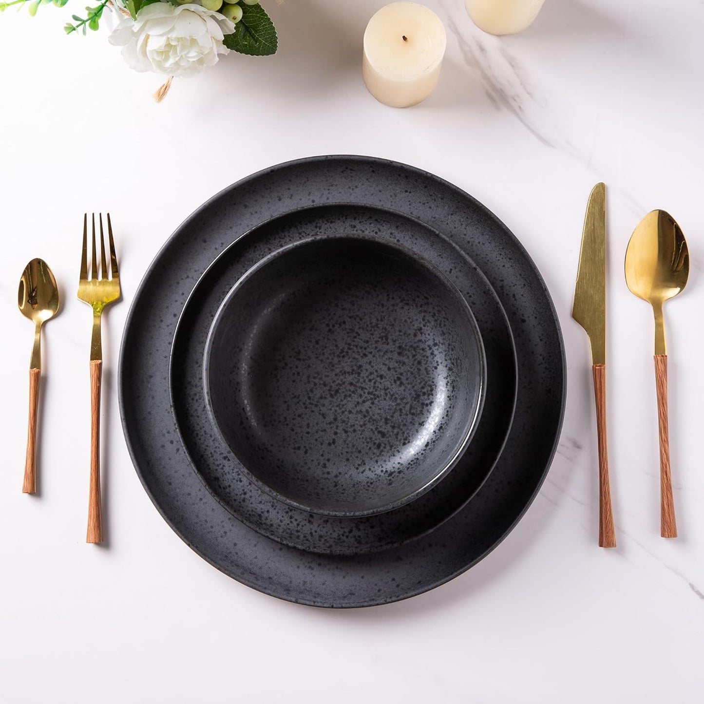 AmorArc Ceramic Dinnerware Sets, Wavy Rim Stoneware Plates and Bowls Sets, Highly Chip and Crack Resistant | Dishwasher & Microwave & Oven Safe Dishes set, Service for 6 (18pc)-Speckled Black