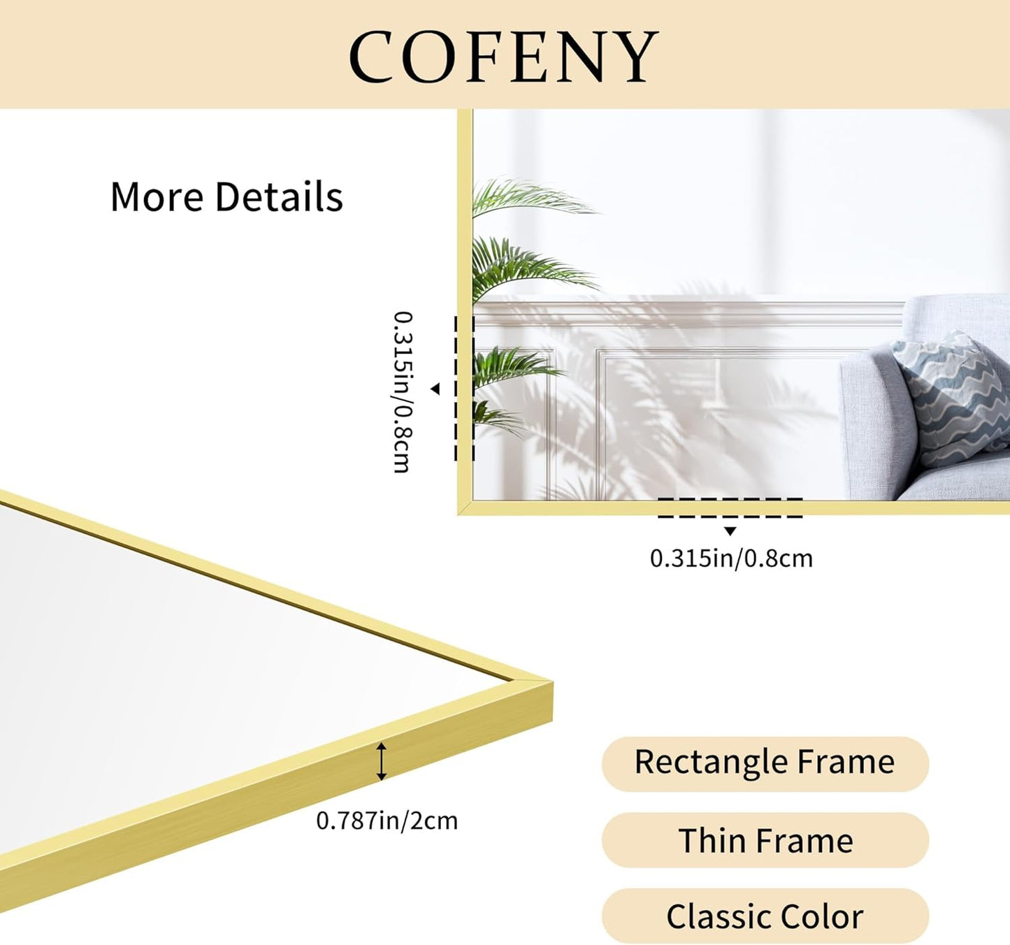 48x24In Gold Bathroom Mirror for Wall, Brushed Gold Rectangle Mirrors with Metal Frame, Bathroom Rectangular Mirror Modern Wall Mirror for Bedroom Living Room, Hangs Horizontal or Vertical
