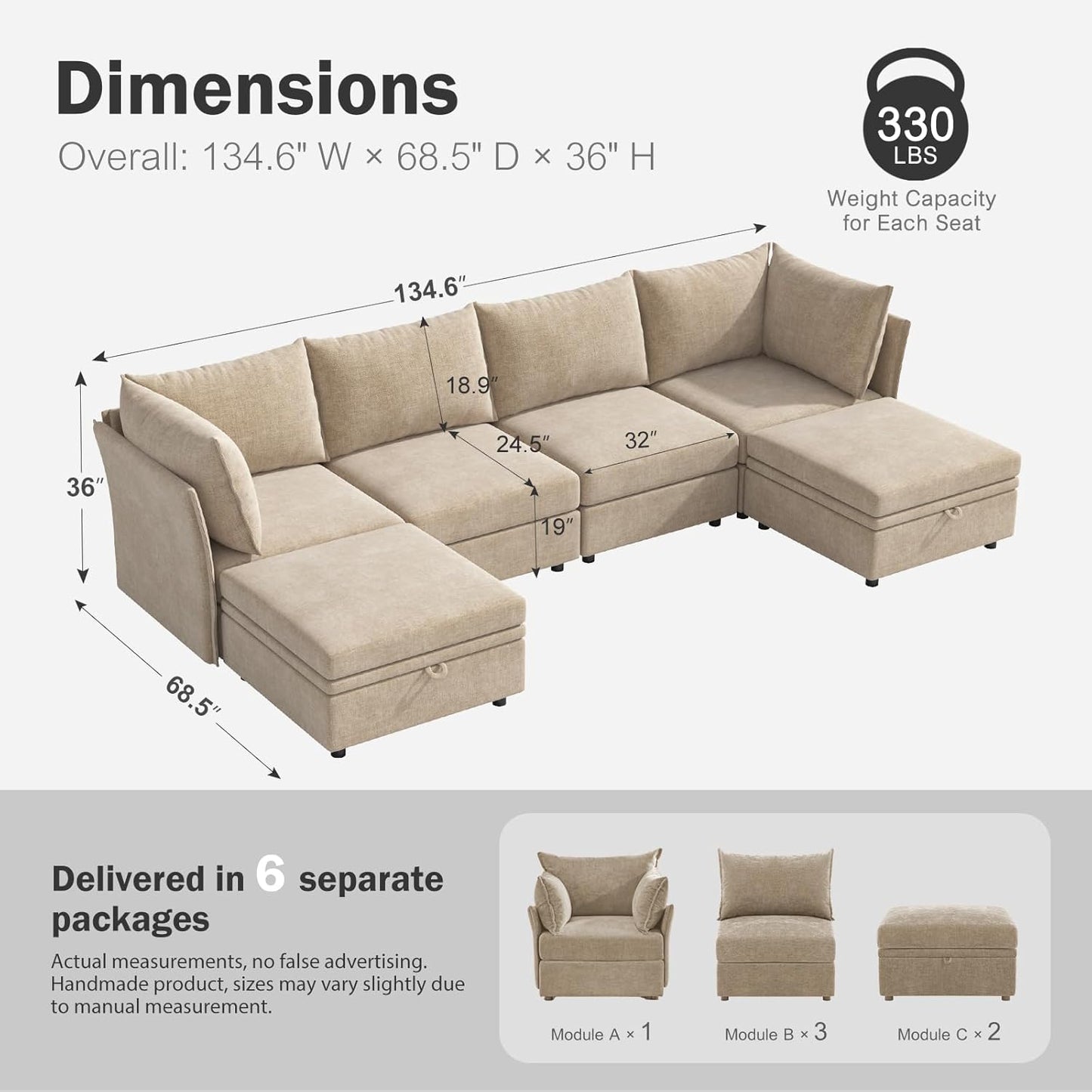 134.6" Oversized Modular Sectional Sofa, 6 Seater U Shaped Couch with Storage Ottoman with Reversible Chaise Deep Seat for Living Room, Apartment - Chenille Beige