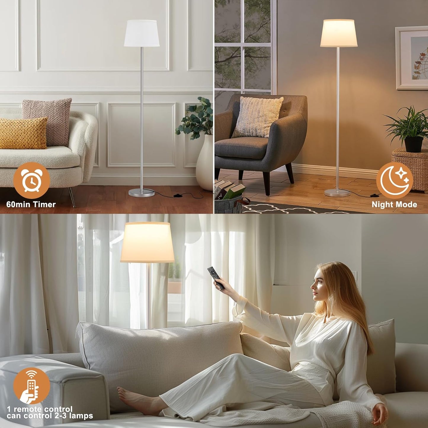 【Upgraded】Floor Lamps for Living Room, Modern Floor Lamp with Remote Control, Dimmable Colors Temperature Standing Lamp Foot Switch, 9W Bulb Tall Lamps for Bedroom Office Kid Room - Silver