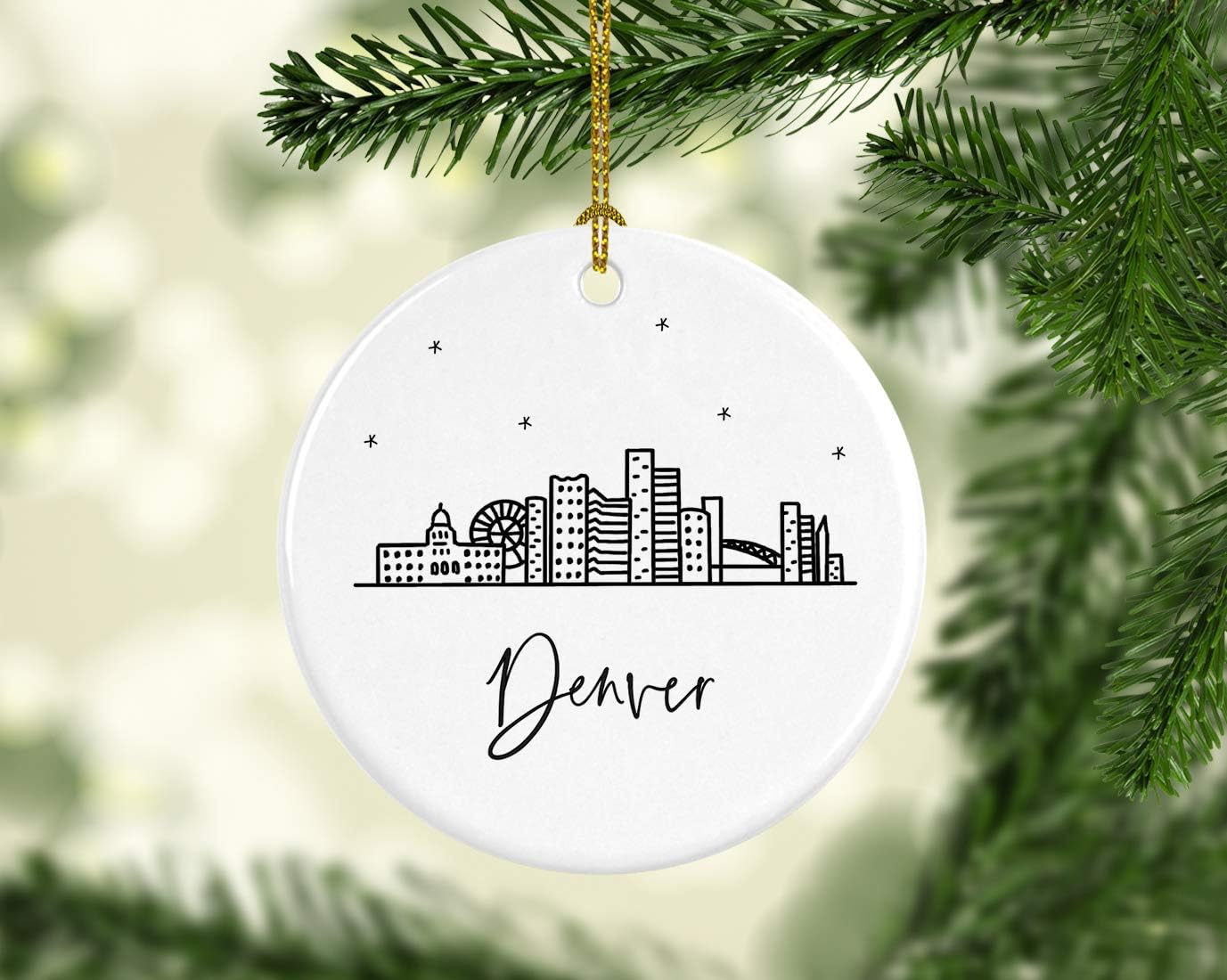 Andaz Press Round Ceramic Porcelain Christmas Tree Ornament Keepsake, Denver Black and White Stars City Skyline Graphic, 1-Pack, Birthday Gift Ideas Family Coworker Him Her, Includes Gift Box