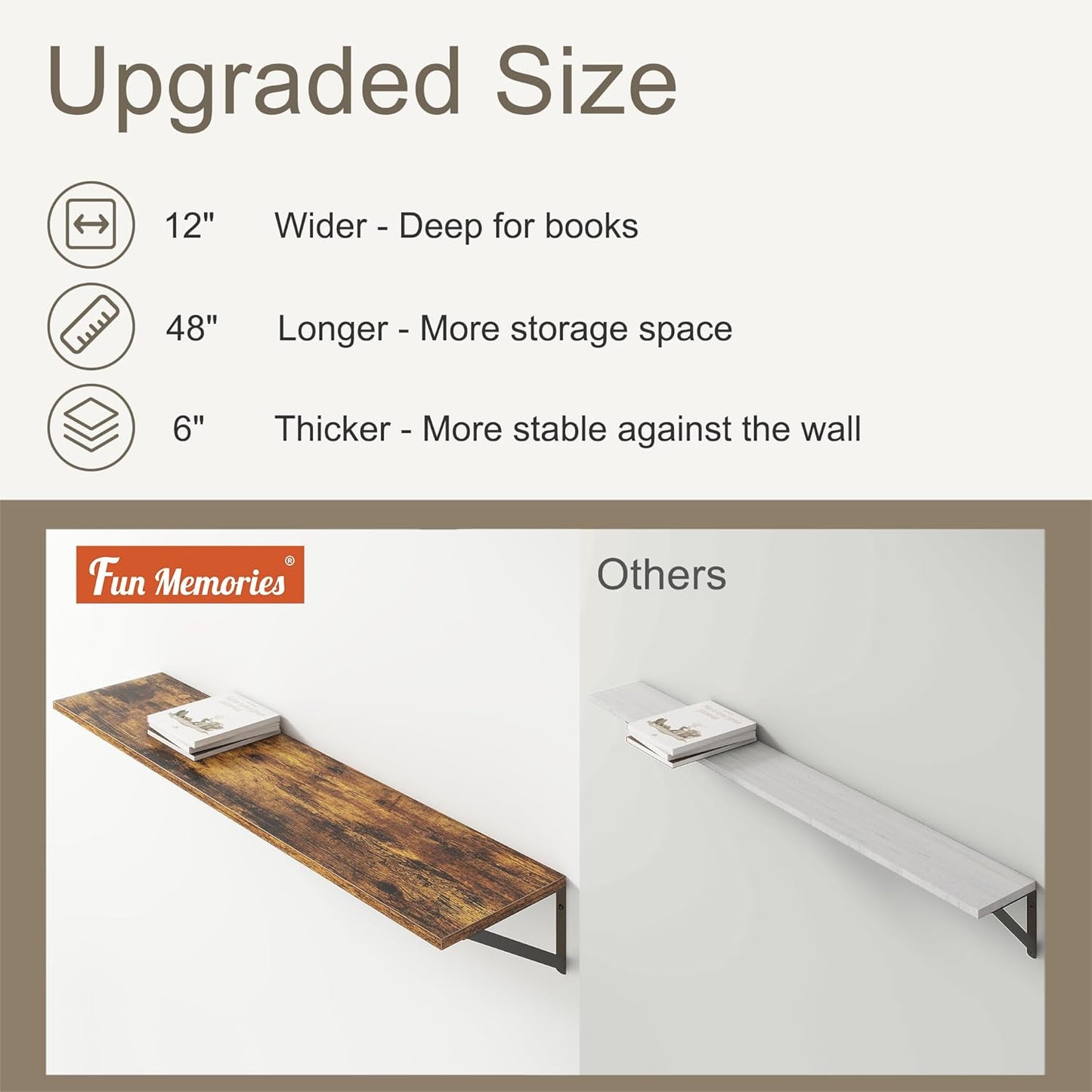 12 Inch Deep Floating Shelves,48W x 12D Floating Shelves, Deep Wall Shelves Bracket Set of 2, Large Display Floating Shelf for Bathroom, Living Room, Wide Storage Wooden Wall Shelf, Rustic Brown