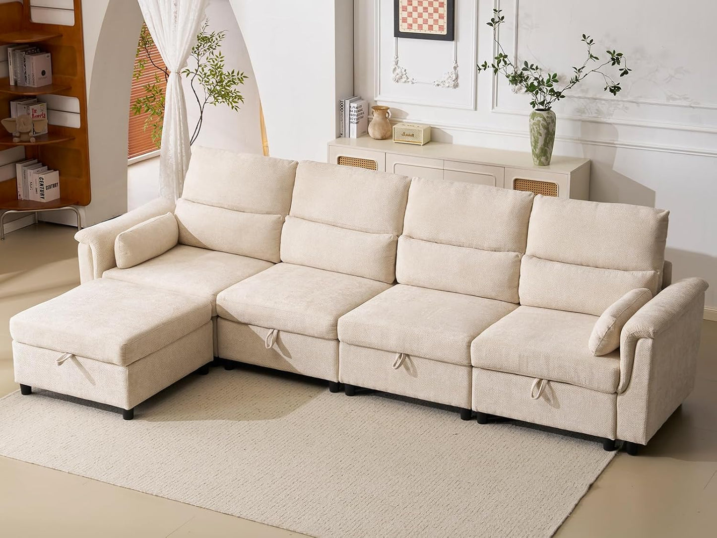 132'' Oversized Modular Sectional Sofa, L Shaped Comfy Cloud Sectional Couch with Storage, 5 Seat Extra Deep Seat Modular Sofas with Throw Pillows for Living Room, Beige
