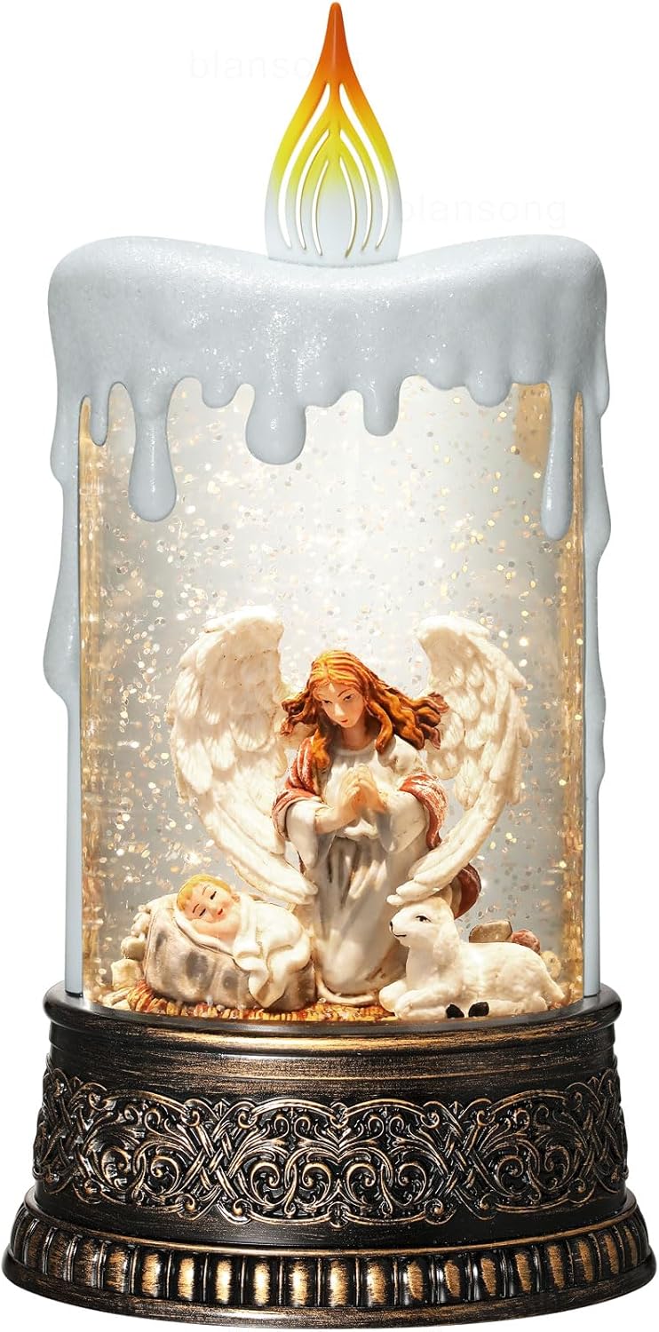 Nativity Snow Globe Candle Christmas Decorations Gifts Auto Snowfall Glitter Music Collection Angel Nativity Scene with 6H Timer USB/Battery Powered 9.7 inch