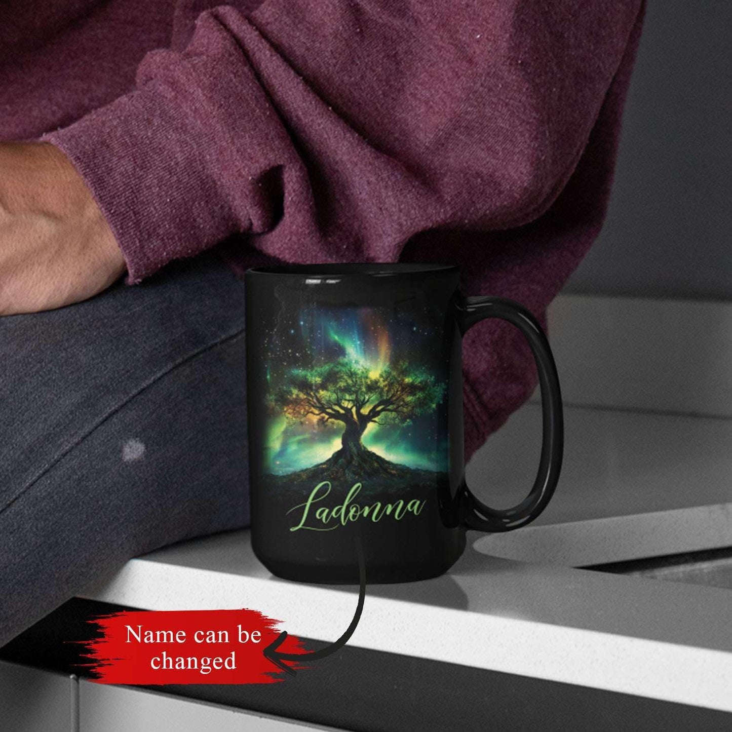 Custom Unique Name Coffee Cup, Customized Mystical Nature Inspired Mug 11oz 15oz, Personalized Enchanted Tree With Northern Lights Ceramic Cup, Nature Black Mug, Gift For Women Men