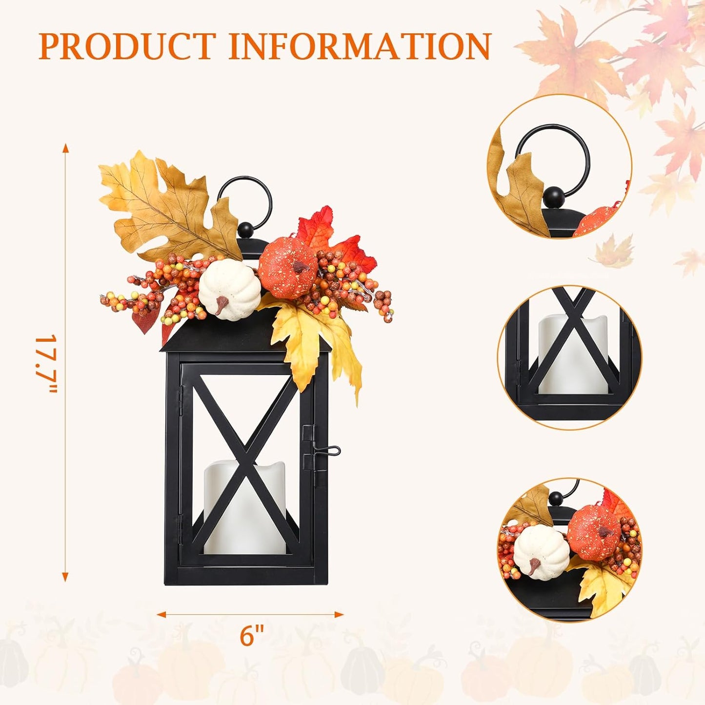 Fall Decor Lantern for Home, Large Decorative Lanterns Outdoor Waterproof 12" Battery Powered Decorative Lanterns Metal Hanging LED Candle Holder, Flameless Candle Lantern for Indoor 2 Packs
