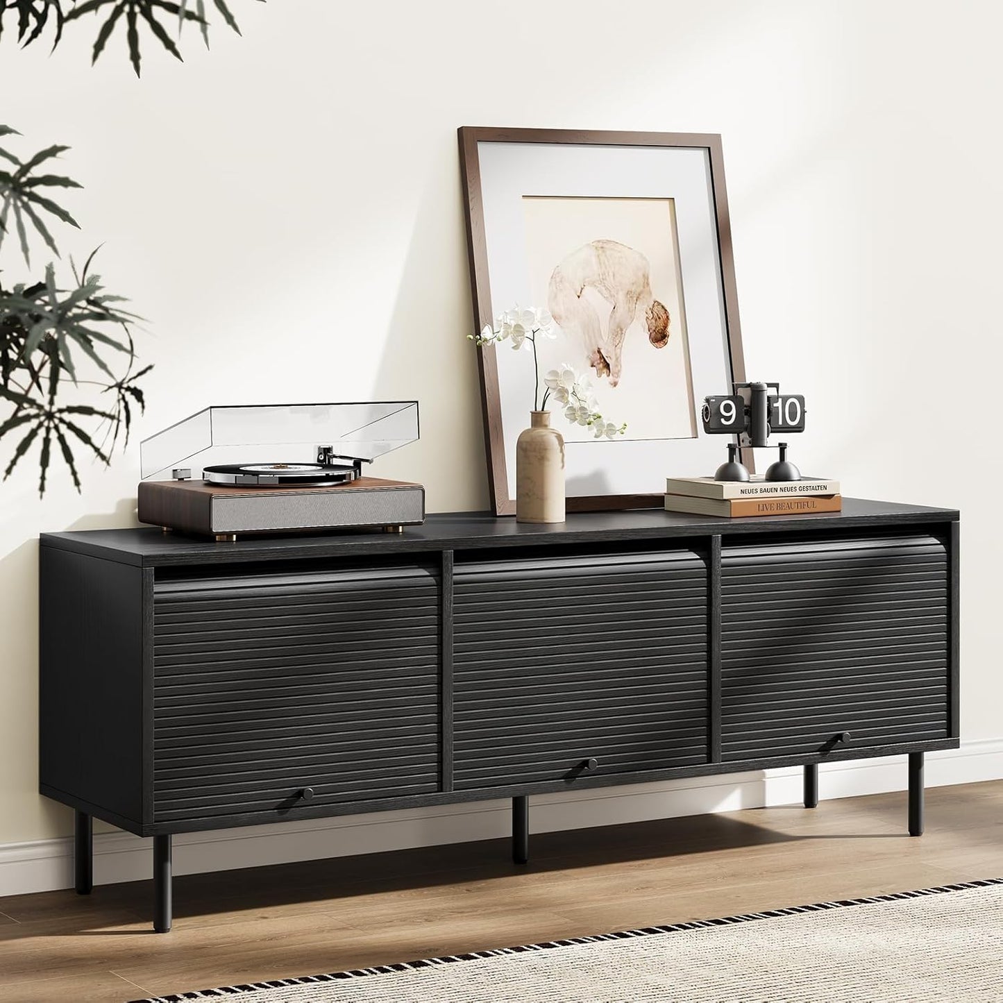 59 Inch TV Stand with Power Outlet for TVs up to 65 Inch, Entertainment Center with Storage, Mid-Century Modern TV Console, Adjustable Shelf & Sliding Doors, TV Stand for Living Room, Bedroom, Black